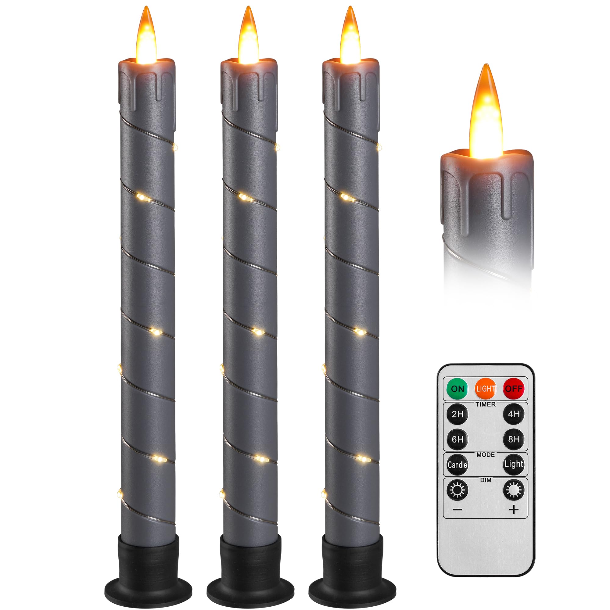 Da by 3 candele tremolanti senza fiamma, a batteria, candele da finestra con telecomando e LED 3D dinamico 3D, fiamma dinamica, 24 cm, per matrimoni, feste, decorazione della casa, colore grigio