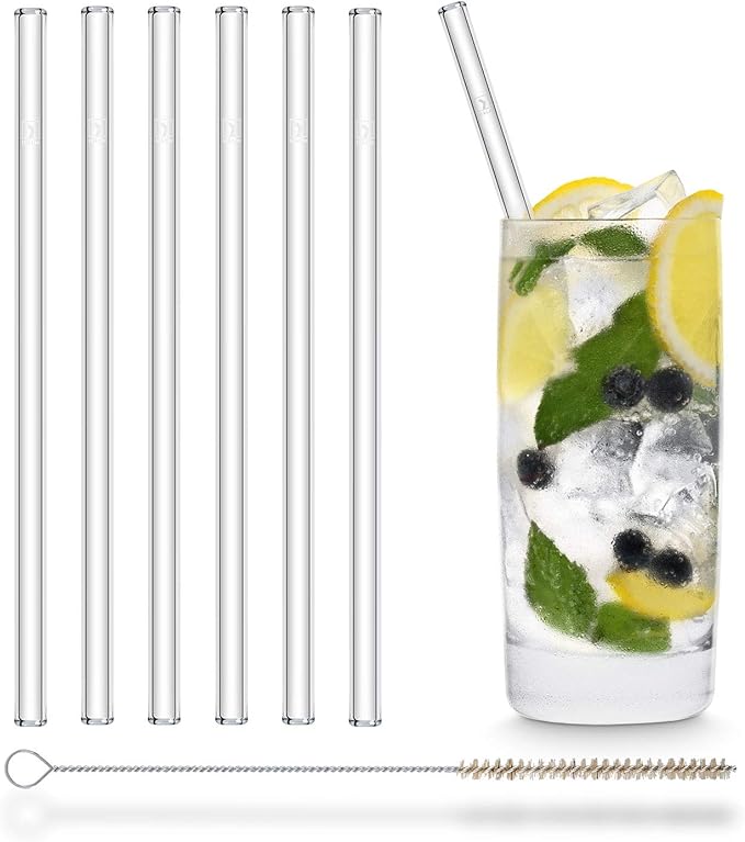 Halm Glass Straws - 6x Reusable 8 inch Drinking Straws clear + Plastic-Free Cleaning Brush - Made in Germany - Dishwasher Safe - Straight - Perfect for Smoothies, Cocktails