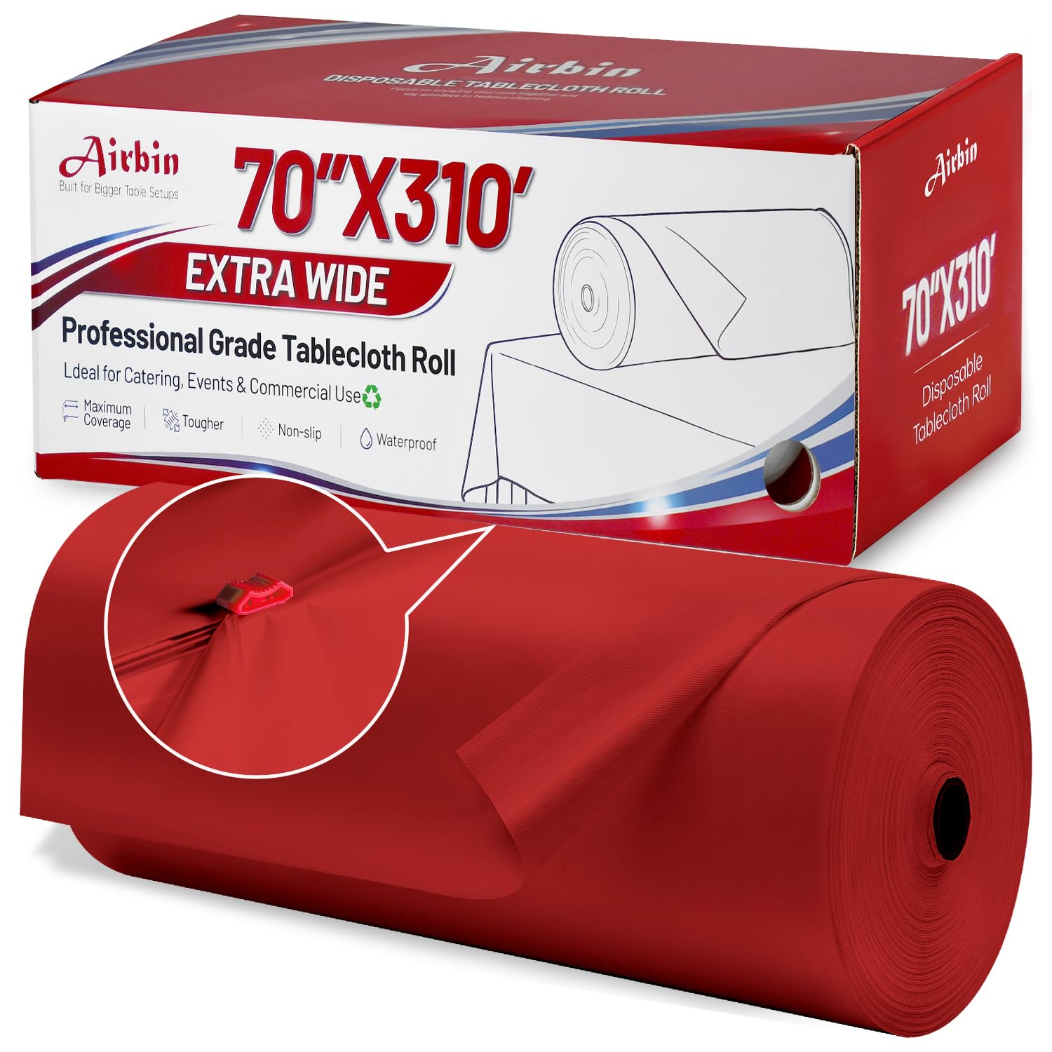 Plastic Table Cover Roll, 70 in x 310 ft Extra Wide Red Plastic Tablecloth