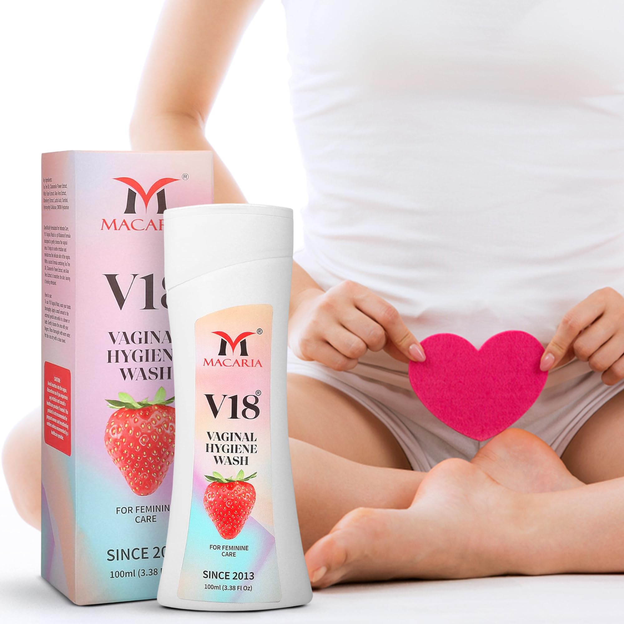 V18 Vaginal Feminine Wash - for Women's Intimate Hygiene - Antibacterial Genital Wash for pH Balance - Tea Tree Oil, Lactic Acid & Strawberry Scent - Blocks Bad Female Odor - Bacterial Germ Protection