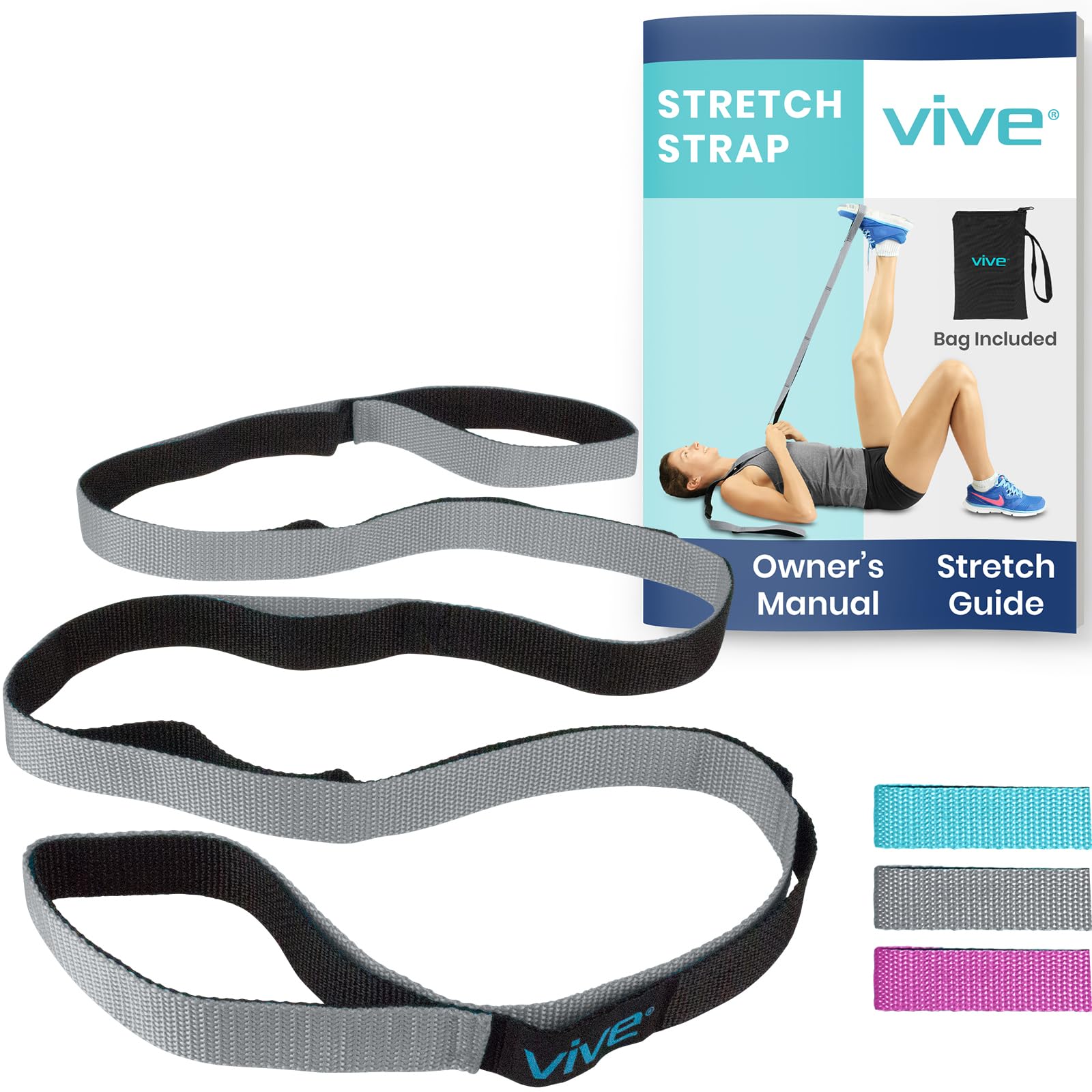 Vive Stretch Strap - Leg Stretch Band to Improve Flexibility - Stretching Out Yoga Strap - Exercise and Physical Therapy Belt for Rehab, Pilates, Dance and Gymnastics with Workout Guide Book