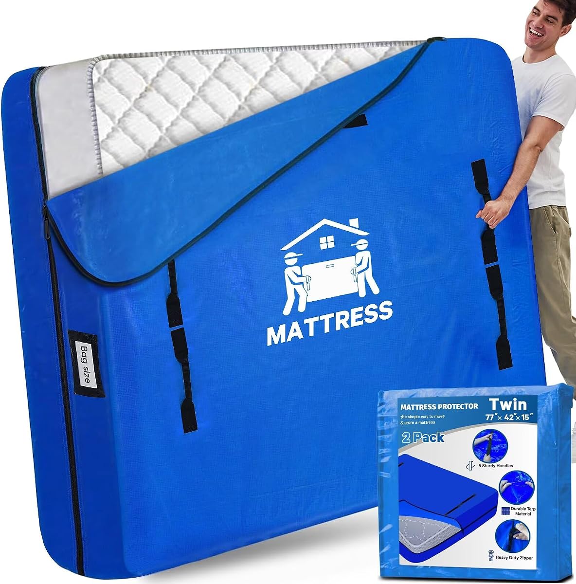 Mattress Bags for Moving, BETU Mattress Protector Waterproof Mattress Cover Twin Size Storage Bags with 8 Heavy-Duty Handles and Zipper for College Bed Extra Thick Large(2 Pack, 77"x42"x15" Blue)
