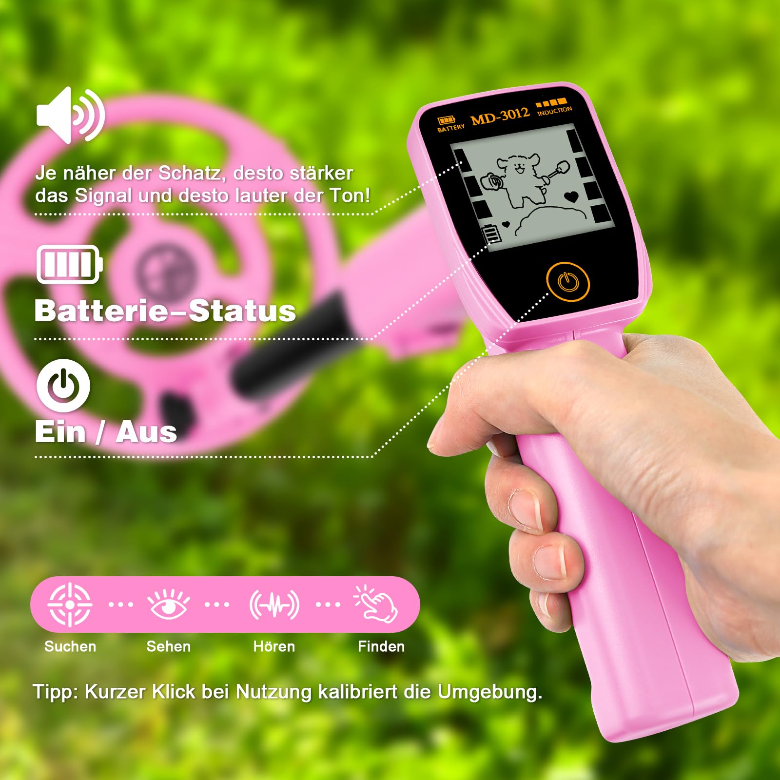 Metalldetektor Kinder USB-wiederaufladbar, Metalldetektor für Kinder, 7,36" wasserdichte Suchspule, 61-89cm Verstellbarer Griff mit LCD-Display, Strandschatzsuche Outdoor-Spielzeug für 8-12 (Rosa)