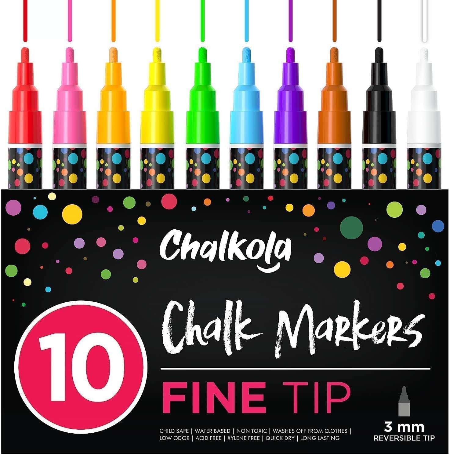 10 Fine Tip Liquid Chalk Markers for Blackboard, Chalkboard Signs, Window, Labels, Bistro, Glass, Car (10 Pack 3mm) - Wet Wipe Erasable Ink Chalkboard Markers, 3mm Reversible Tip Chalk Pens