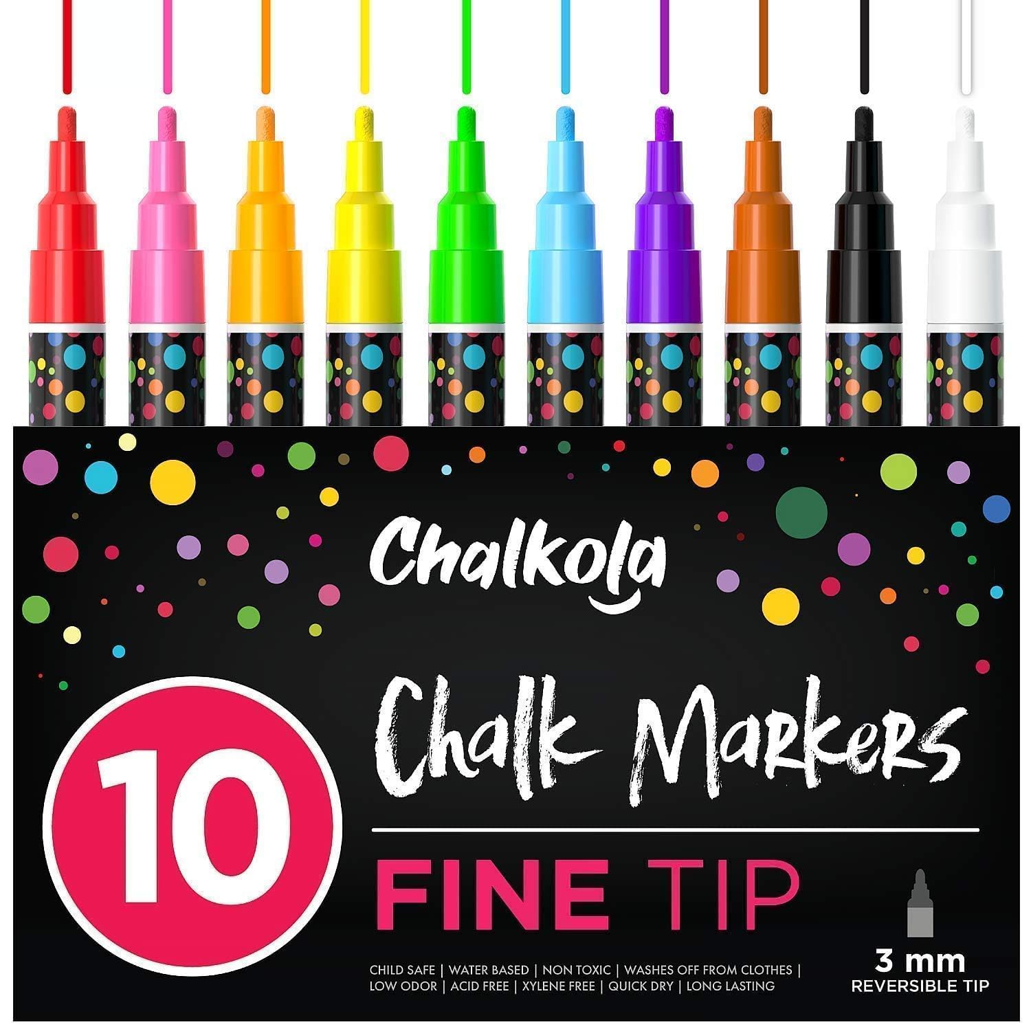 Fine Tip Chalk Markers (10 Pack 3mm) - Bold Color Erasable Dry Erase Marker Pens for Blackboards, Chalkboard, Window, Bistro - 3mm Reversible Bullet & Chisel Point