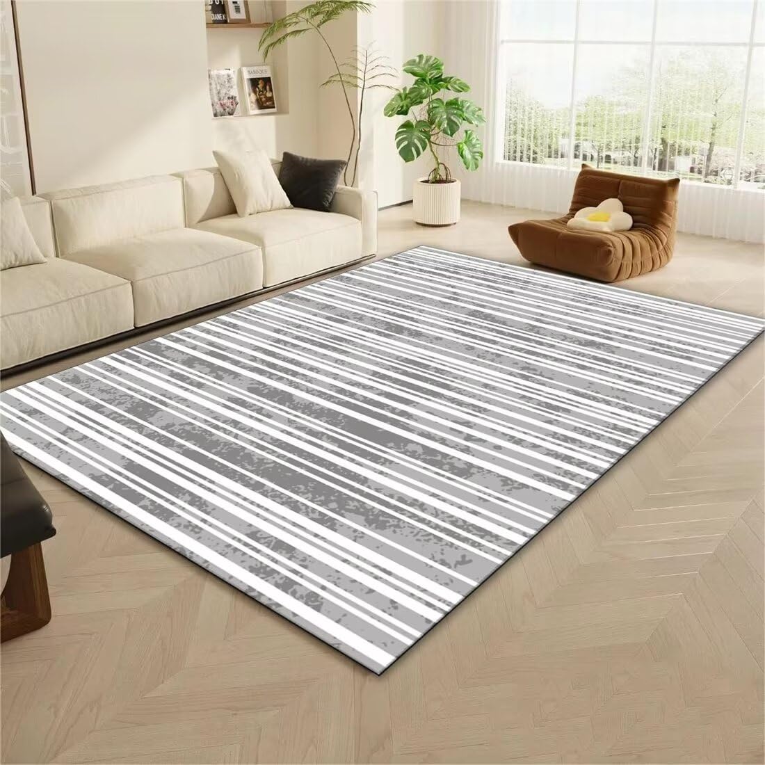 Tapis de salon gris 80x160cm motif de ligne blanche pour chambre