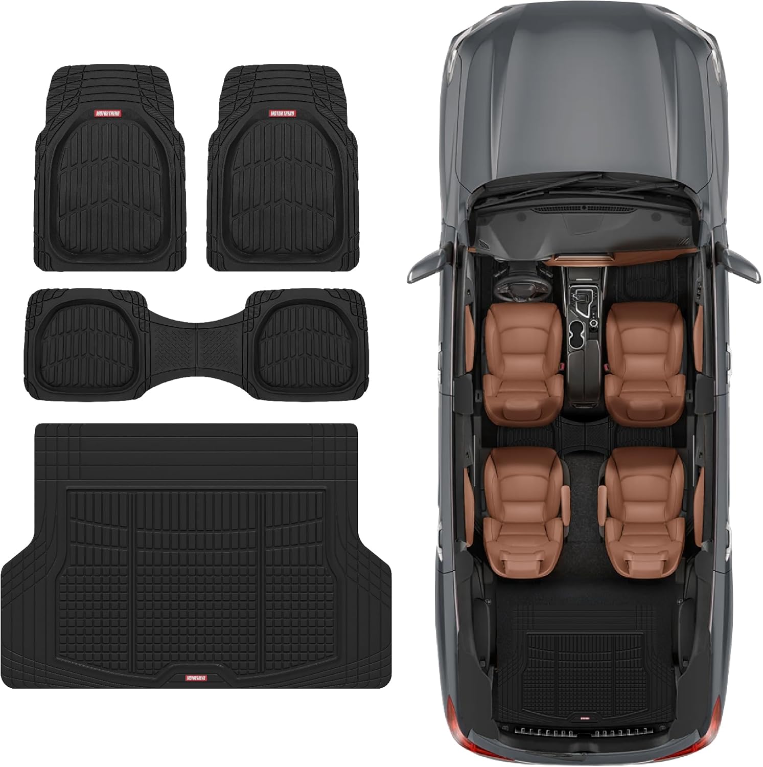 Motor Trend FlexTough Contour Liners Deep Dish 3 pc Rubber Floor Mats & Trimmable Trunk Liner Cargo Mat - Heavy Duty All Weather Protection Car Mats with Traction Grips Car Accessories (Black)