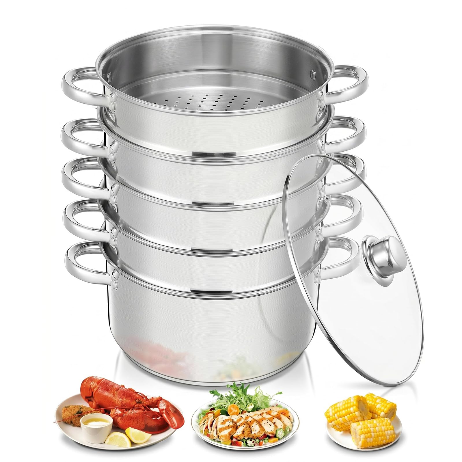 Pentola a Vapore in Acciaio Inox, Cuocivapore, Pentola (5 in 1), Diametro 26 cm, con Coperchio in Vetro, Cuocivapore per Tutti i Tipi di Fornelli, Anche a Induzione, Argento