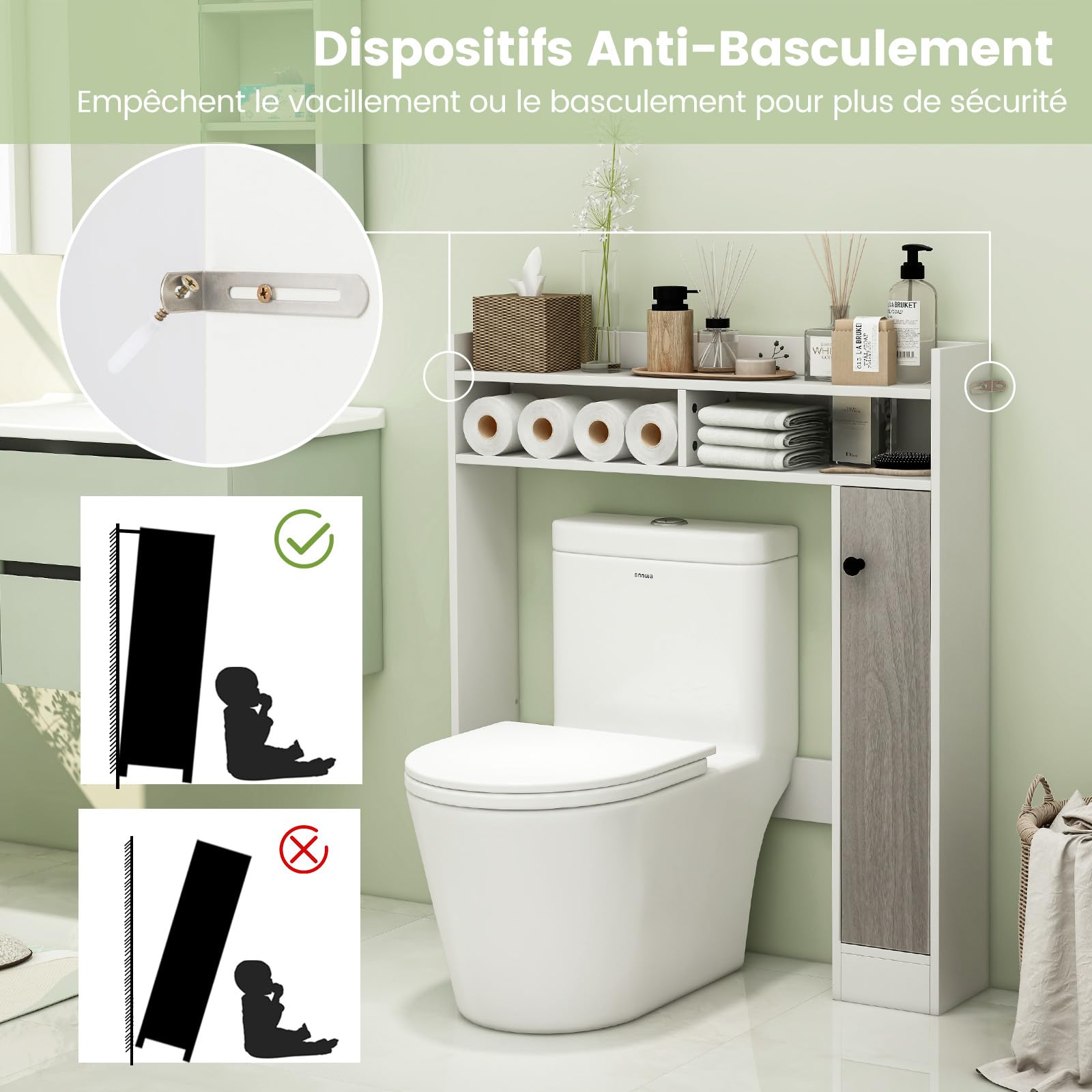 COSTWAY Meuble WC au-Dessus de Toilettes, Meuble de Salle de Bain avec 2 Compartiments et 1 Placard de Rangement avec Étagères Réglables, Dispositif Anti-basculement, 18 x 88 x 100 cm (Blanc)
