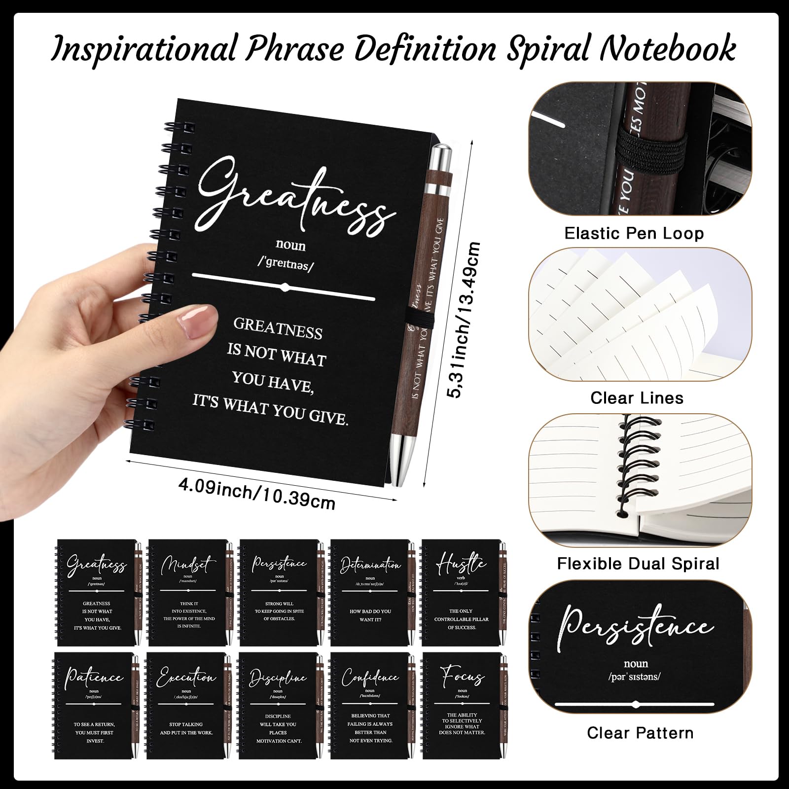 TecUnite 10 Sets inspirierende Spiralnotizbücher, Motivationsstifte, Großpackung, Schulanfang, Notizblöcke, Tagebücher, Bambusstift, Mitarbeiter, Wertschätzung, Dankeschön, Geschenk für Studenten
