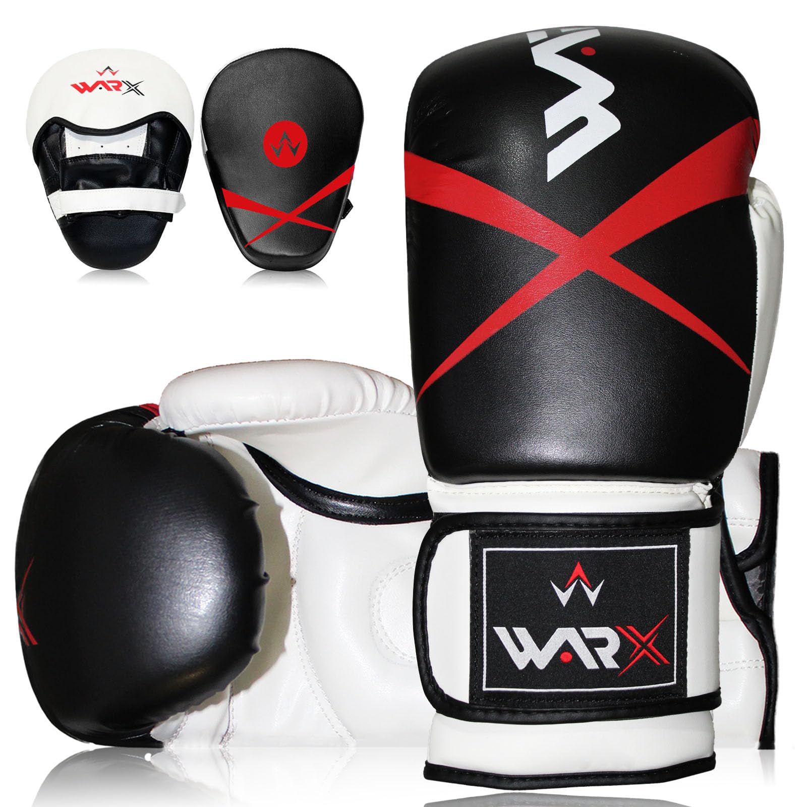 WARX Boxing Gloves and Pads set Focus Punch Mitts MMA Training Sparring Hook and Jab strike target with Punching Gloves (Black, 6oz) — image 1