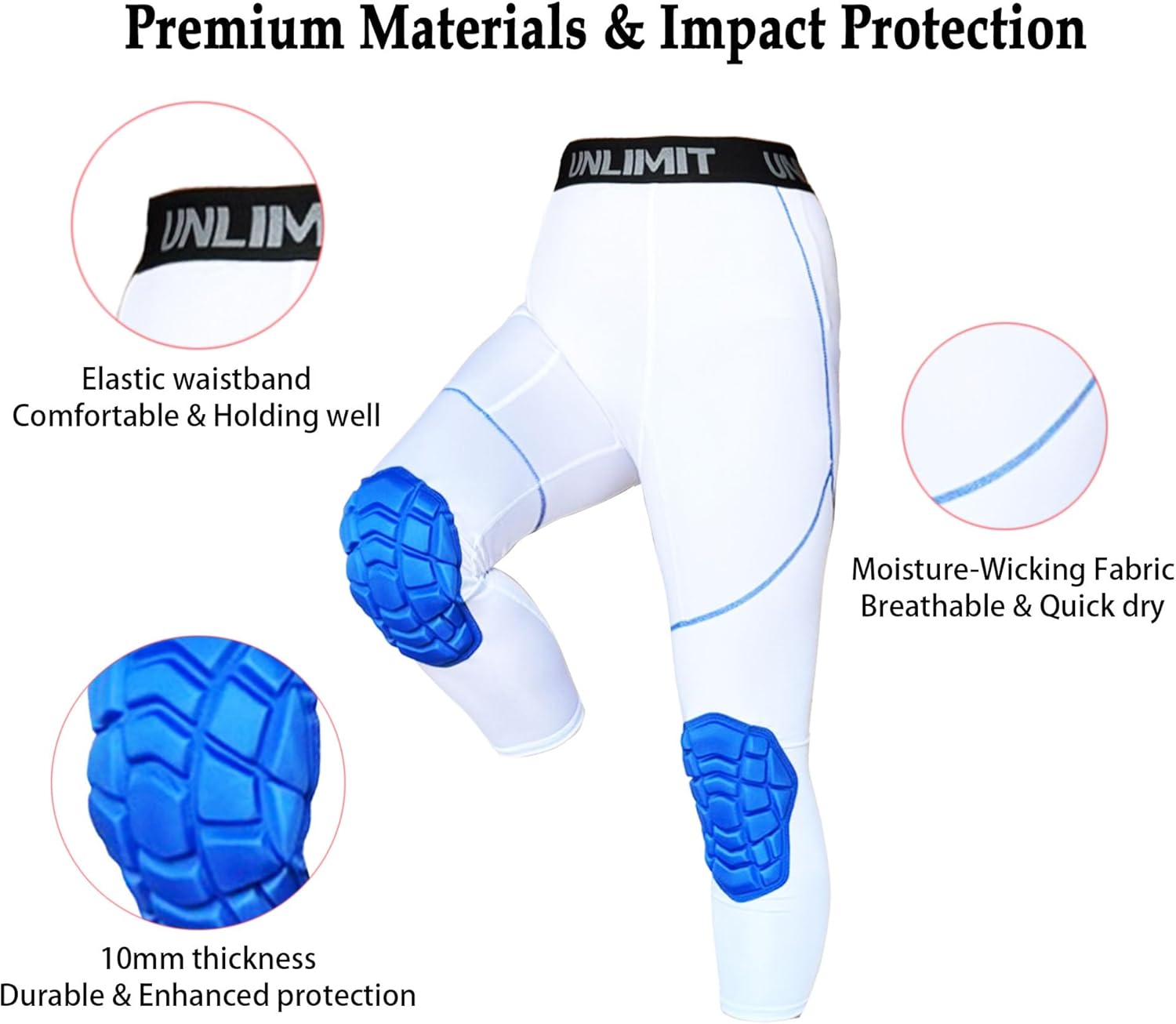 Unlimit Adult Padded Compression Pants with Knee Pads – Indoor Sports Leggings for Volleyball, Handball & Gym Training