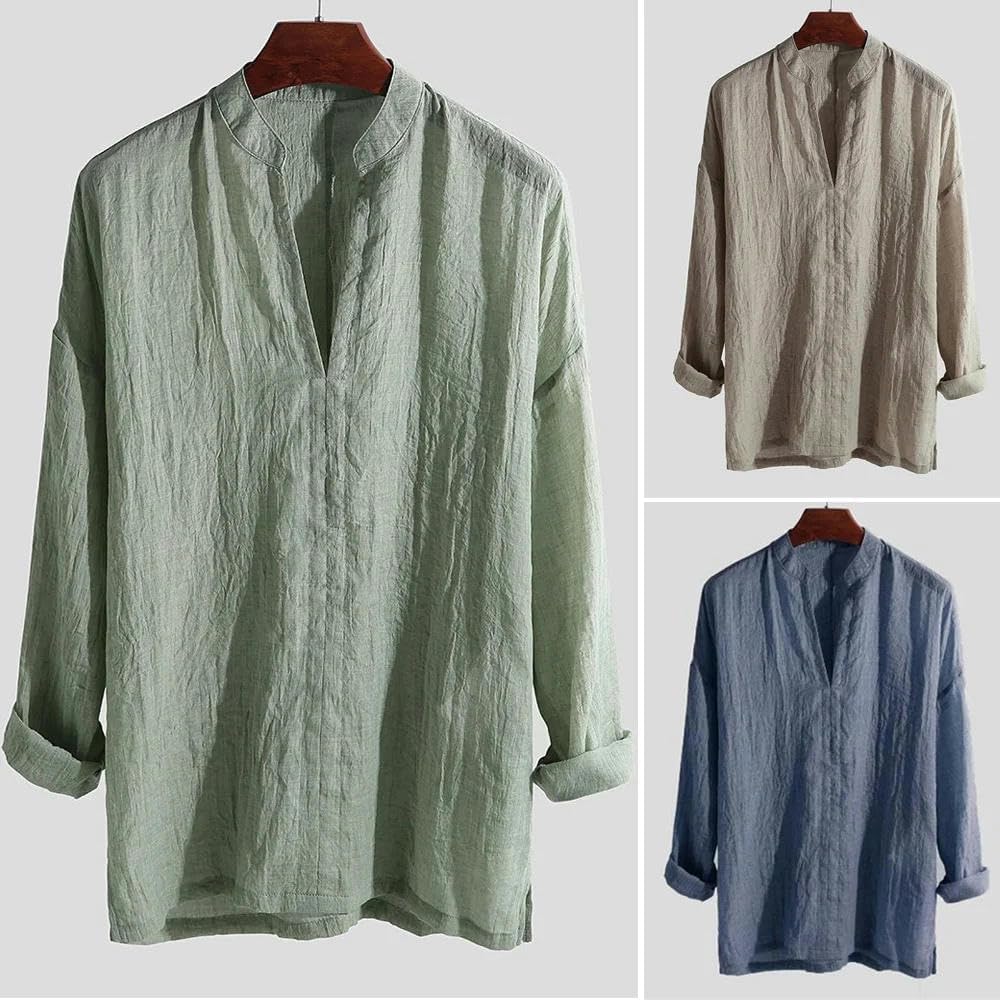 Men Chinese Style Solid Color Loose V-Neck Long Sleeve Pullover Tops Breathable Casual Shirt