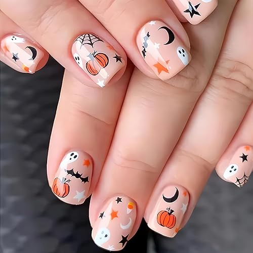Uñas postizas a presión para Halloween, cuadradas, cortas, ataúd, estrellas, calabaza, bonitas, espeluznantes, murciélagos, pegamento en las uñas