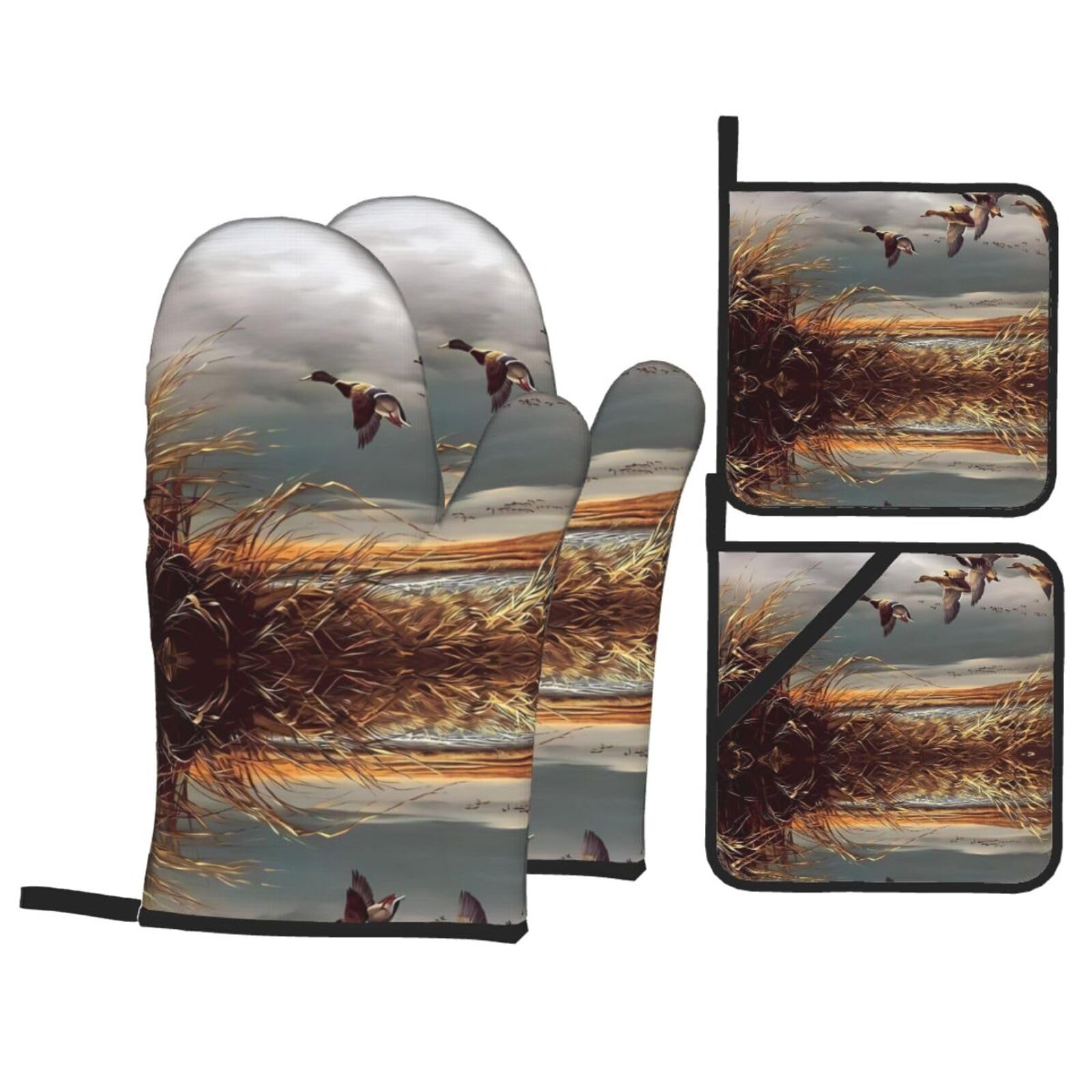 WHJSHOP Hunting Flying Wild Ducks Prints Kitchen Layers: Waterproof Oven Covers for Safe Handling & Easy Cleanup – 4 Piece Heat Protection Bundle