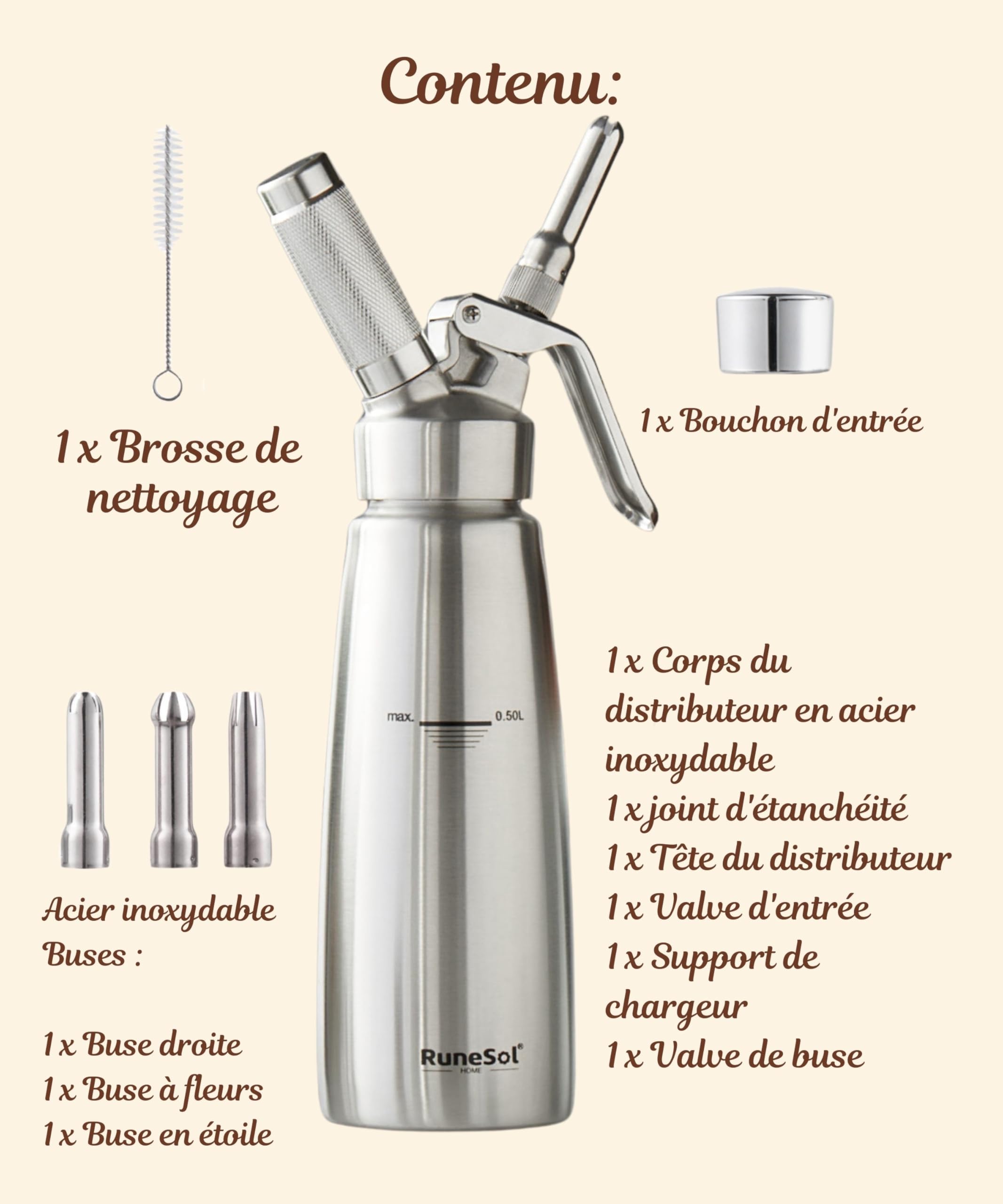 Runesol Siphon Chantilly Professionnel Inox 500ml, Sans Fuite Syphon Cuisine de Chantilly 3 Douilles en Acier Inoxydable et 1 Brosse, Siphons Cuisine Materiel Patisserie pour Desserts de Noël