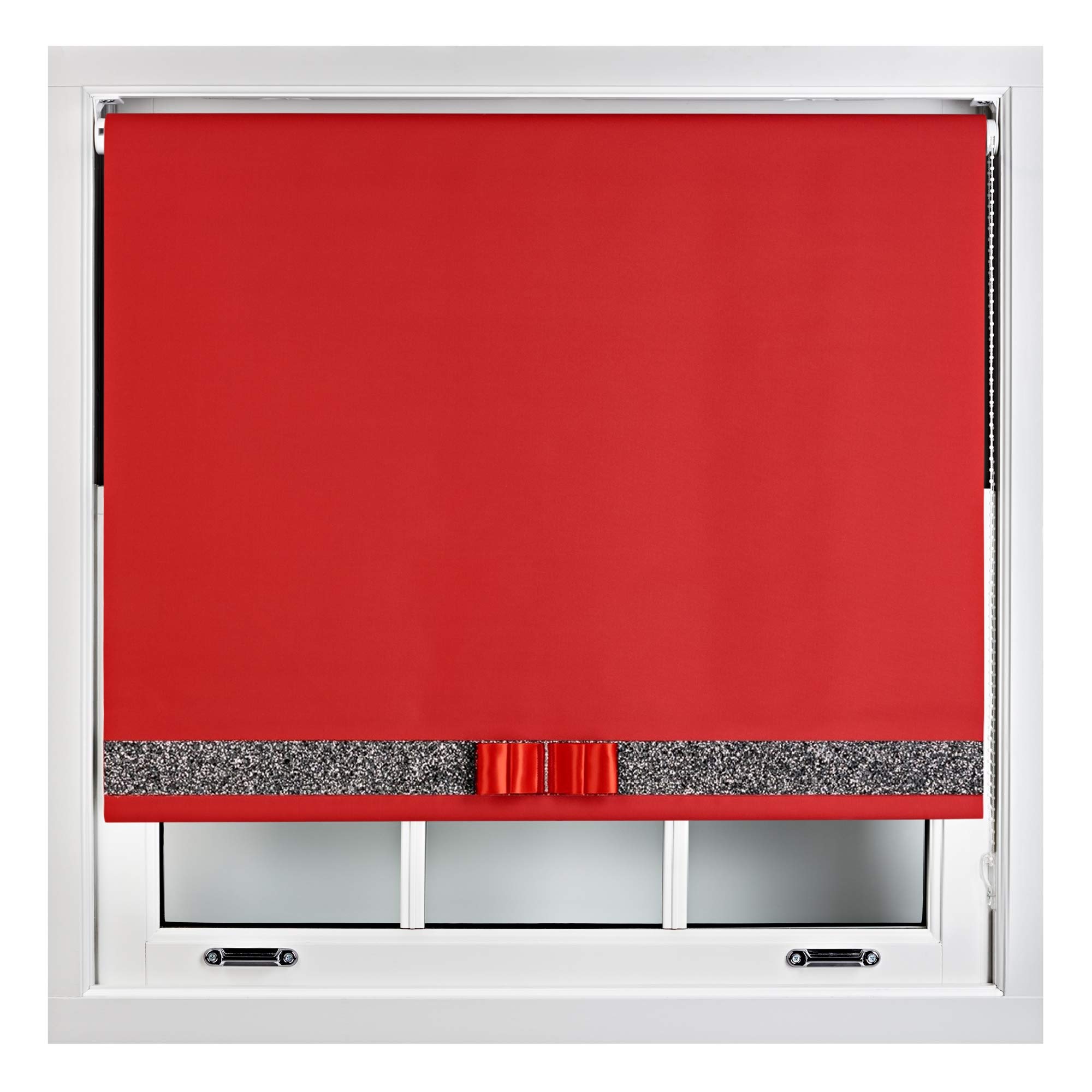 FURNISHED Blackout Roller Blinds Decorative Glitter Fabric & Bow - Trimmable - Red 120W x 210H cm