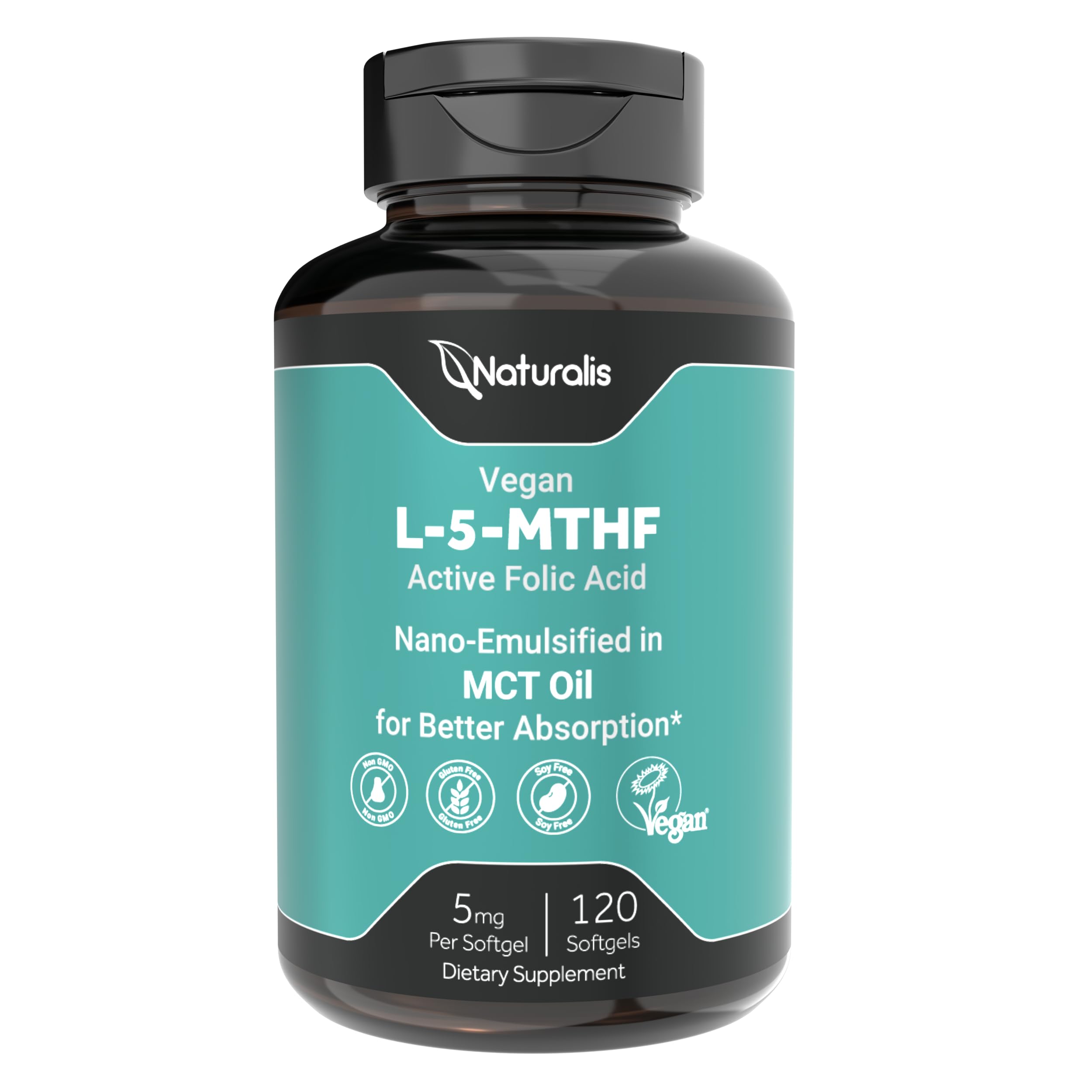 Naturalis Vegan L-5-MTHF 5mg (8300mcg DFE) 120 Softgels | Active Folate 120 Count (Pack of 1)