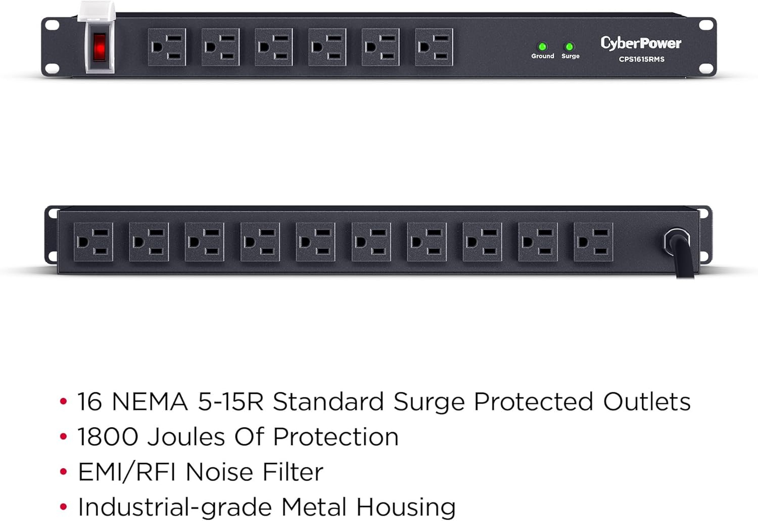 CyberPower CPS1615RMS Surge Protector, 125V/15A, 1800 Joules, 16 Outlets, 6ft Power Cord, 1U Rackmount, UL Listed