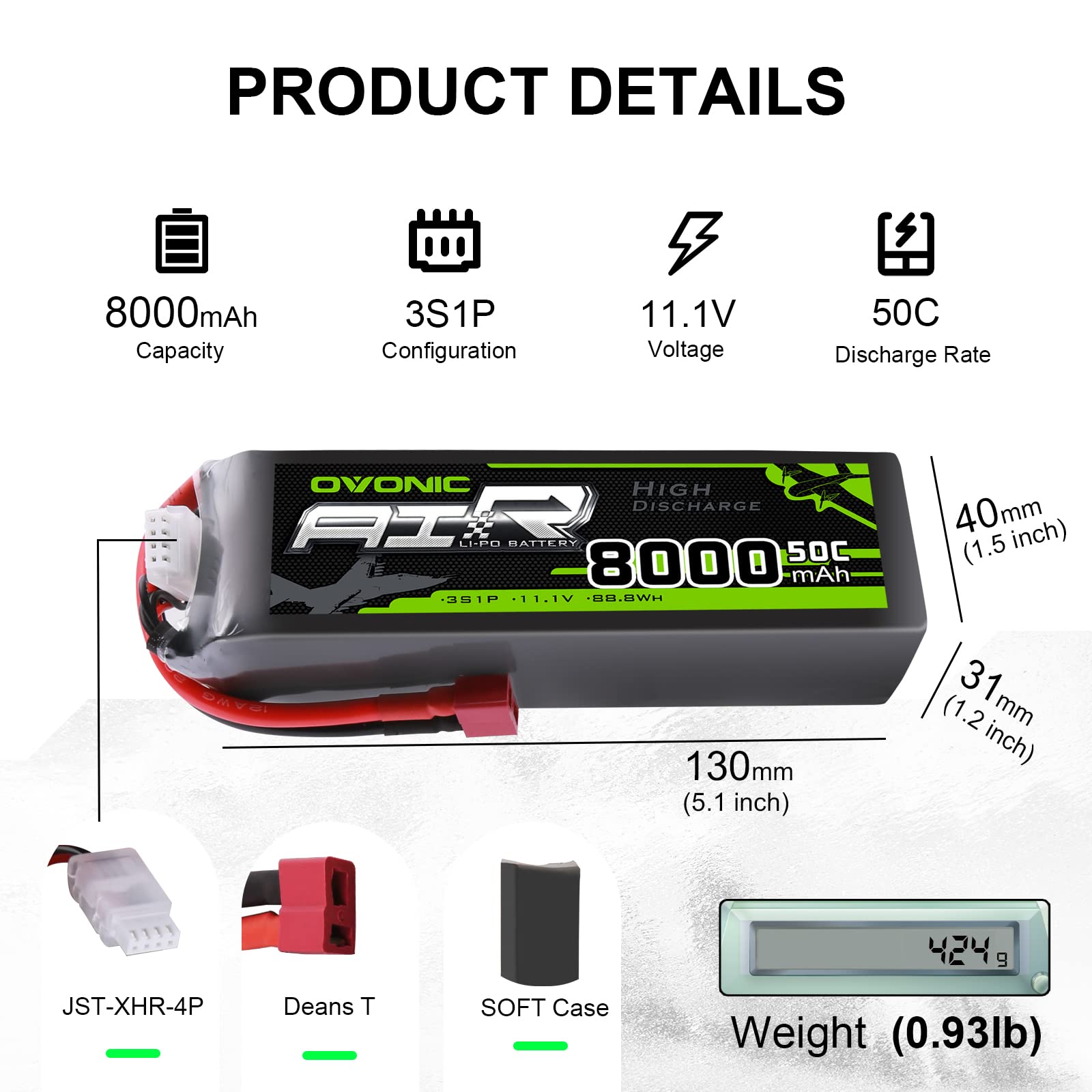 OVONIC 3S Lipo Akku 11.1V 8000mAh 50C mit Deans T Stecker LiPo Batterie Zellen für 1/8 und 1/10 RC Auto FPV UAV RC Boot Flugzeug Helikopter Multirotor (2 Stück)