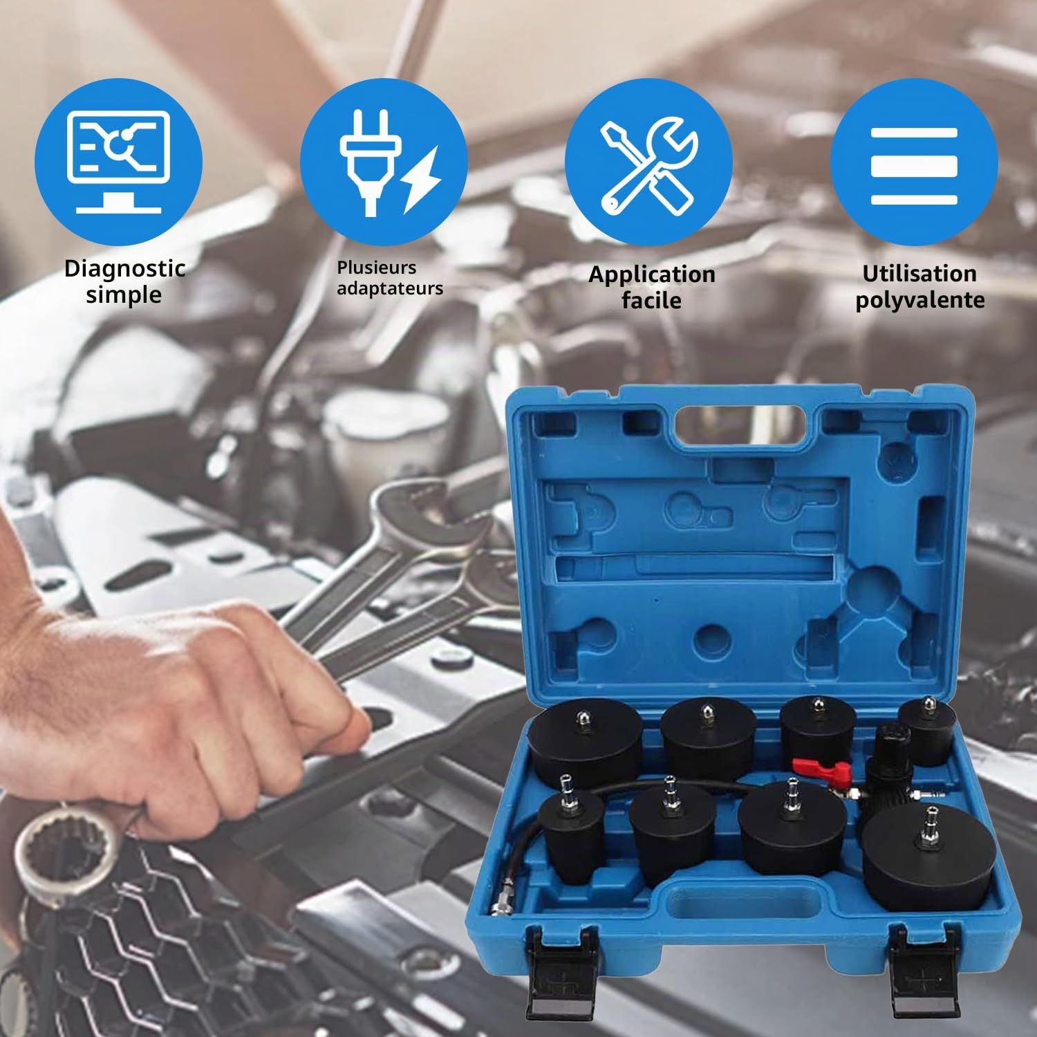 Testeur Fuite du Système Turbo, 9 Pièces Kit de Test de Fuite de Suralimentation, Test Fuite Boost du Système Refroidissement avec Testeur de Manomètre, Testeur de Pression 60 Bar à 80PSI