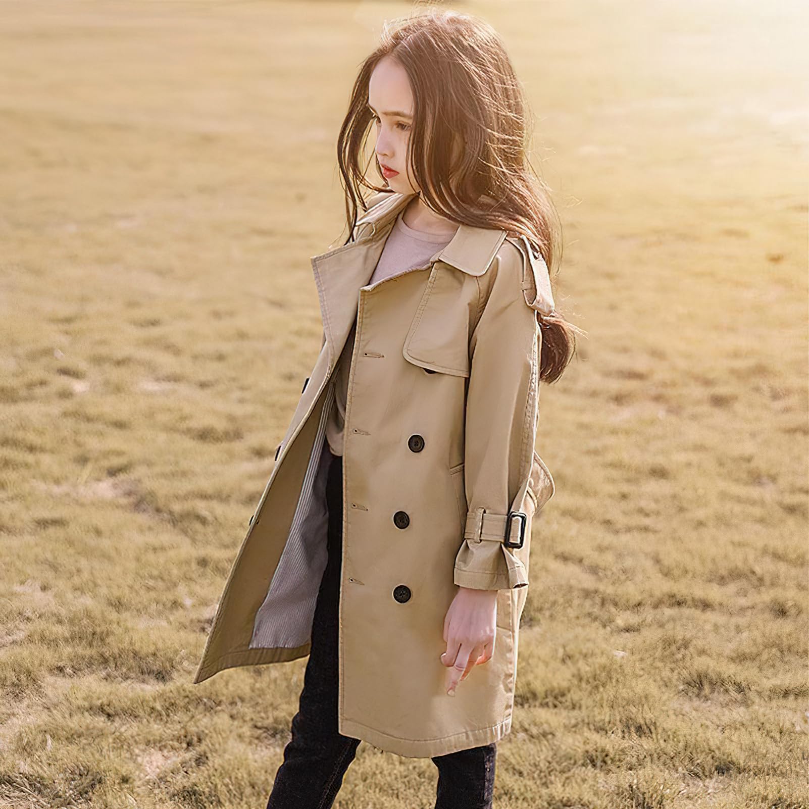 amropi Filles Trench-Coat Coton Automne Veste Single Breasted Trench Manteau pour 4-17 Ans