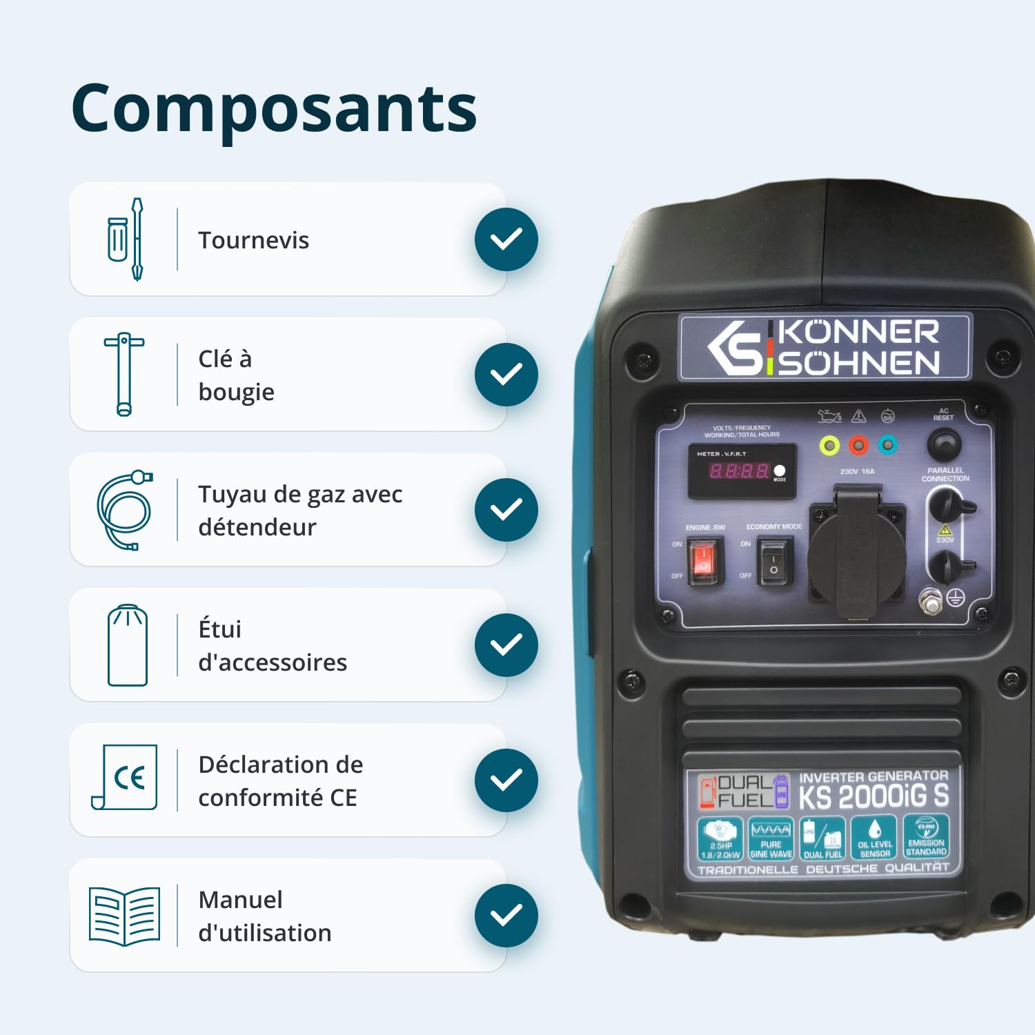 Générateur inverter à gaz/essence Könner & Söhnen KS 2000iG S, boîtier insonorisé, 2000 W, une prise 1x16A (230V), 2 ports USB, affichage LED, Economie mode, enroulement en cuivre, EURO V, onduleur
