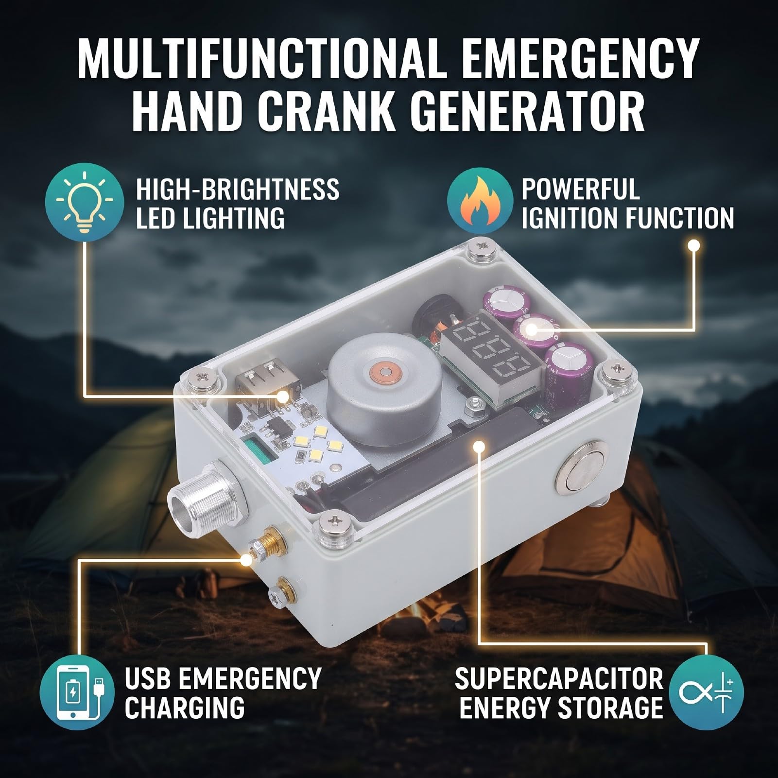 Generic Generatore Portatile a Manovella con Supercondensatore per Ricarica di Emergenza e Illuminazione per attività All'aperto Guscio in Ferro 1 unità
