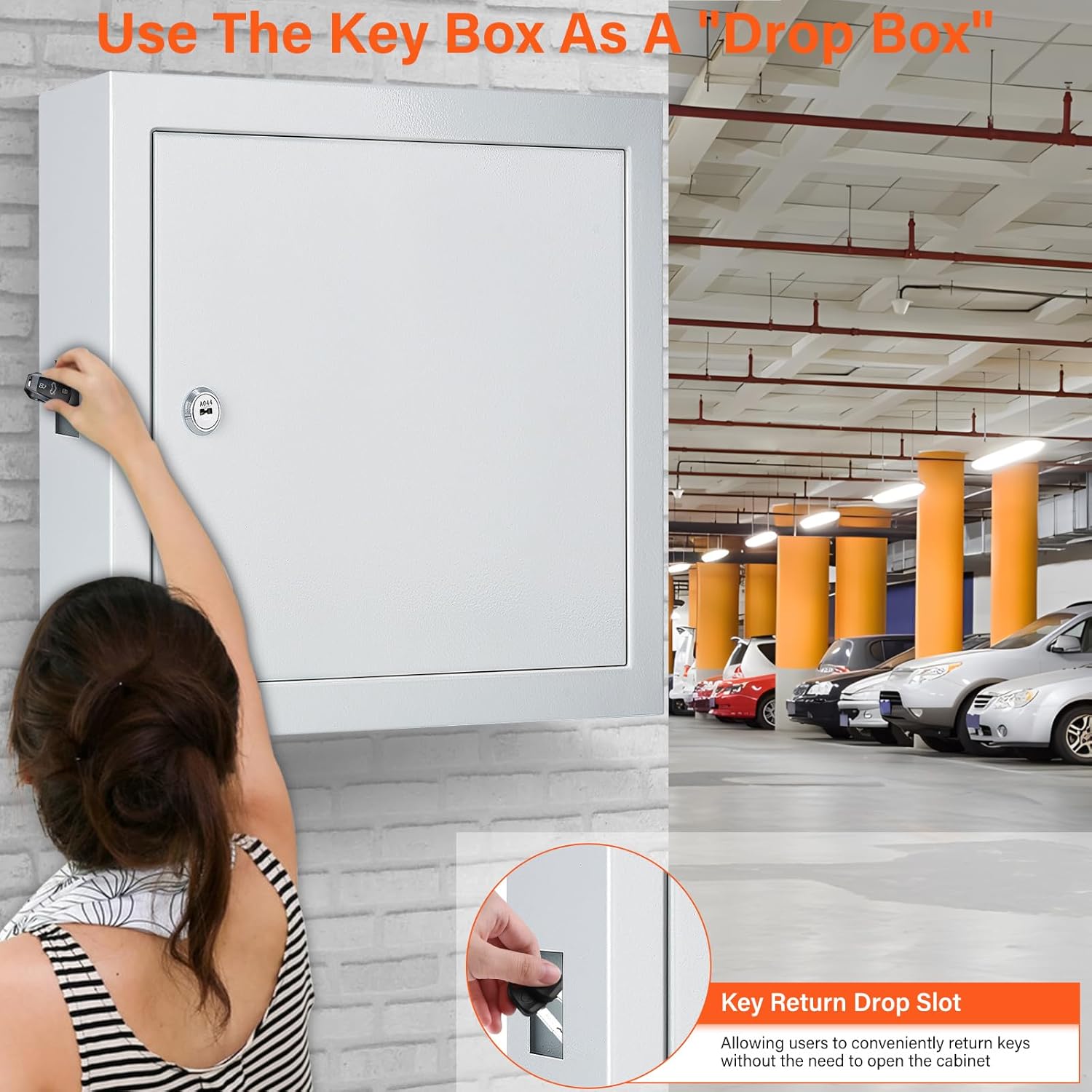 Image showing a person using the key return drop slot on the side of the key cabinet, with a close-up inset of a key being inserted into the slot.