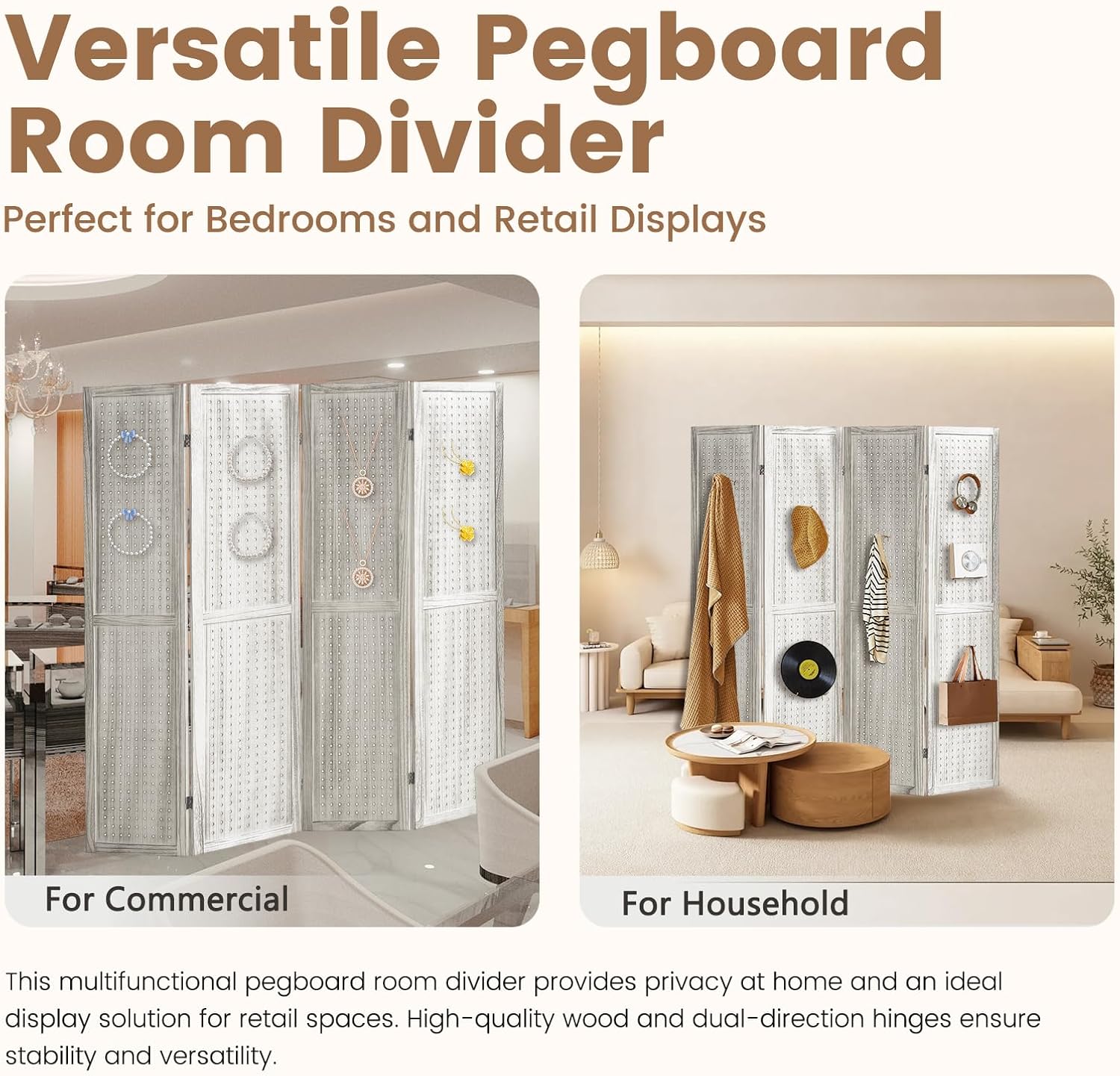 4 Panel Pegboard Display with 16 Hooks, Wooden Room Divider Wall and Folding Privacy Screens, Partition Room dividers, Pegboard Room Divider, Jewelry Store, Retail Store, Bedroom, White