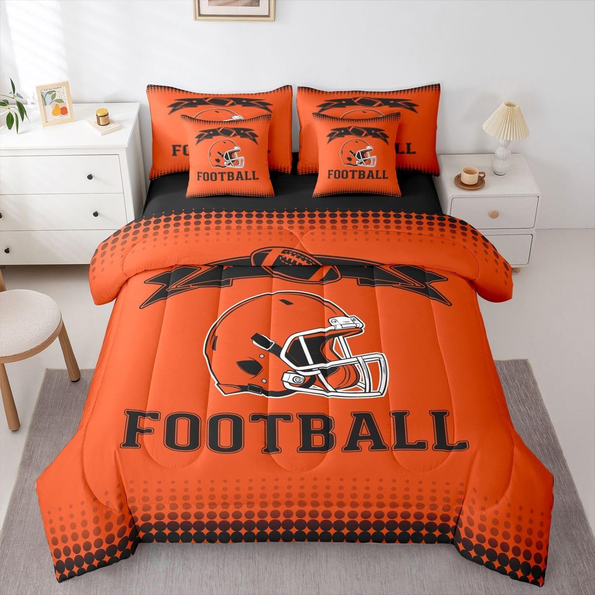 Erosebridal Rugby 3D Helmet Full Bedding Sets, Gridiron Seasonal Color Comforter Kids Boys Sports Fans Gifts Bedding Bedroom Decor Competition Ball Games Bed Set 7 Pcs