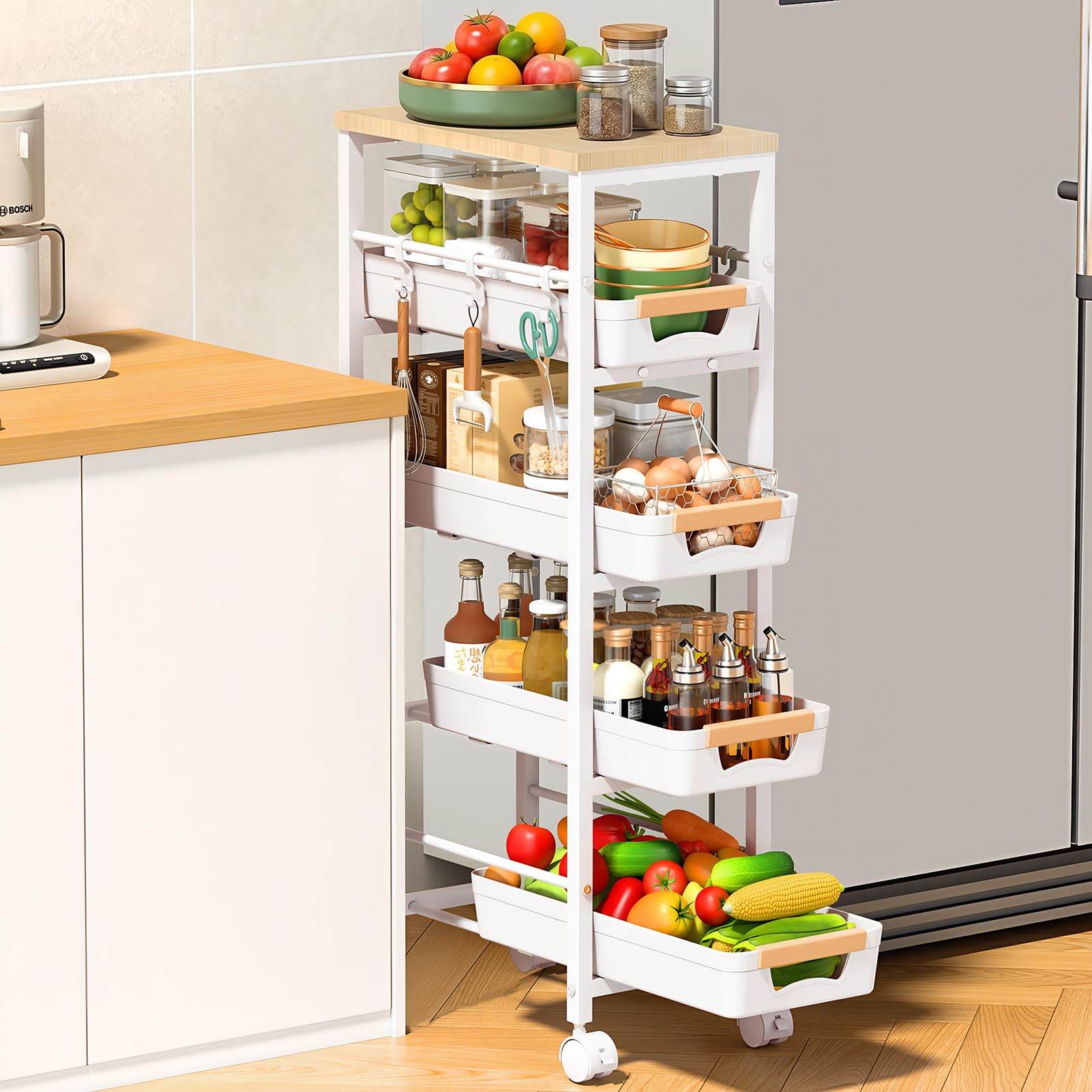 Photo 1 of *** missing pieces***** SUNALLY Slim Storage Cart with Pull-Out Baskets, 5-Tier Rolling Kitchen Cart with Wooden Top & Lockable Wheels, Narrow Space Utility Cart Organizer for Kitchen, Bathroom, Laundry Room, WhiteLPNO506117782