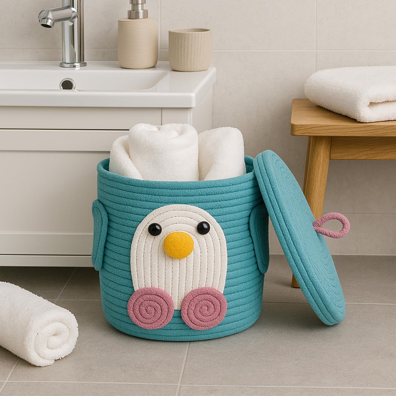 BIANCO Tall Cotton Rope Storage Basket with Lid | Cute Penguin Design Multipurpose Organizer Bin for Toys, Baby Supplies & Laundry | Durable, Foldable Decorative Storage Box Product Image 6