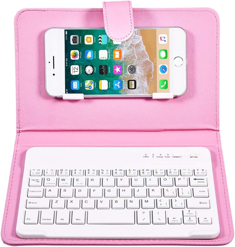 ELIATERPortable Wireless Bluetooth Keyboard with Leather Case Cover with for 4.5''-6.8'' iOS, Android and Windows Smart Phones, Detachable with Kickstand (Pink)