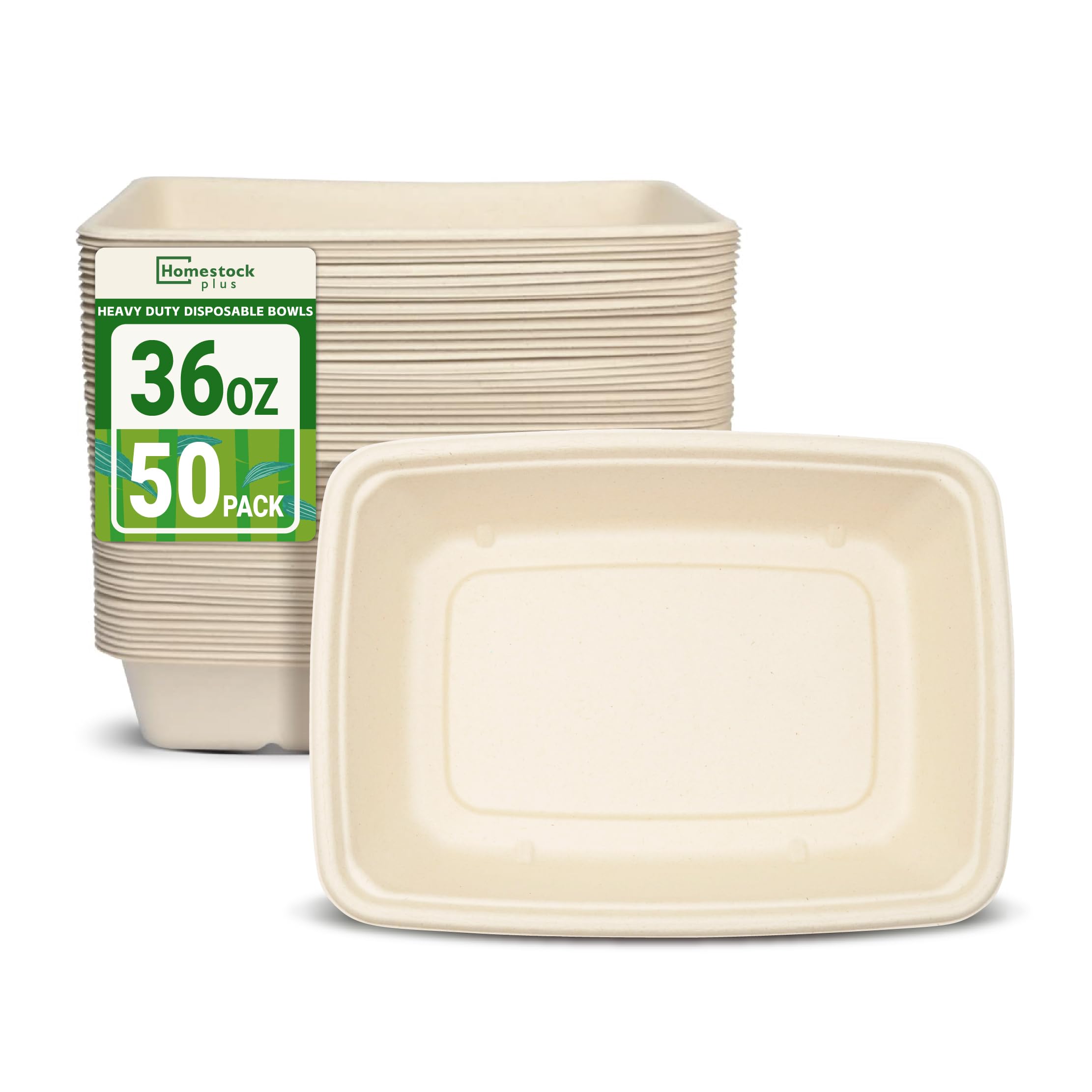 Homestockplus50 Pack 36 oz Compostable Rectangular Paper Bowls - Heavy Duty Disposable Bowls for Party, Large Microwavable Bowls for Tacos, Salads, Pasta, Snacks, Burritos & More