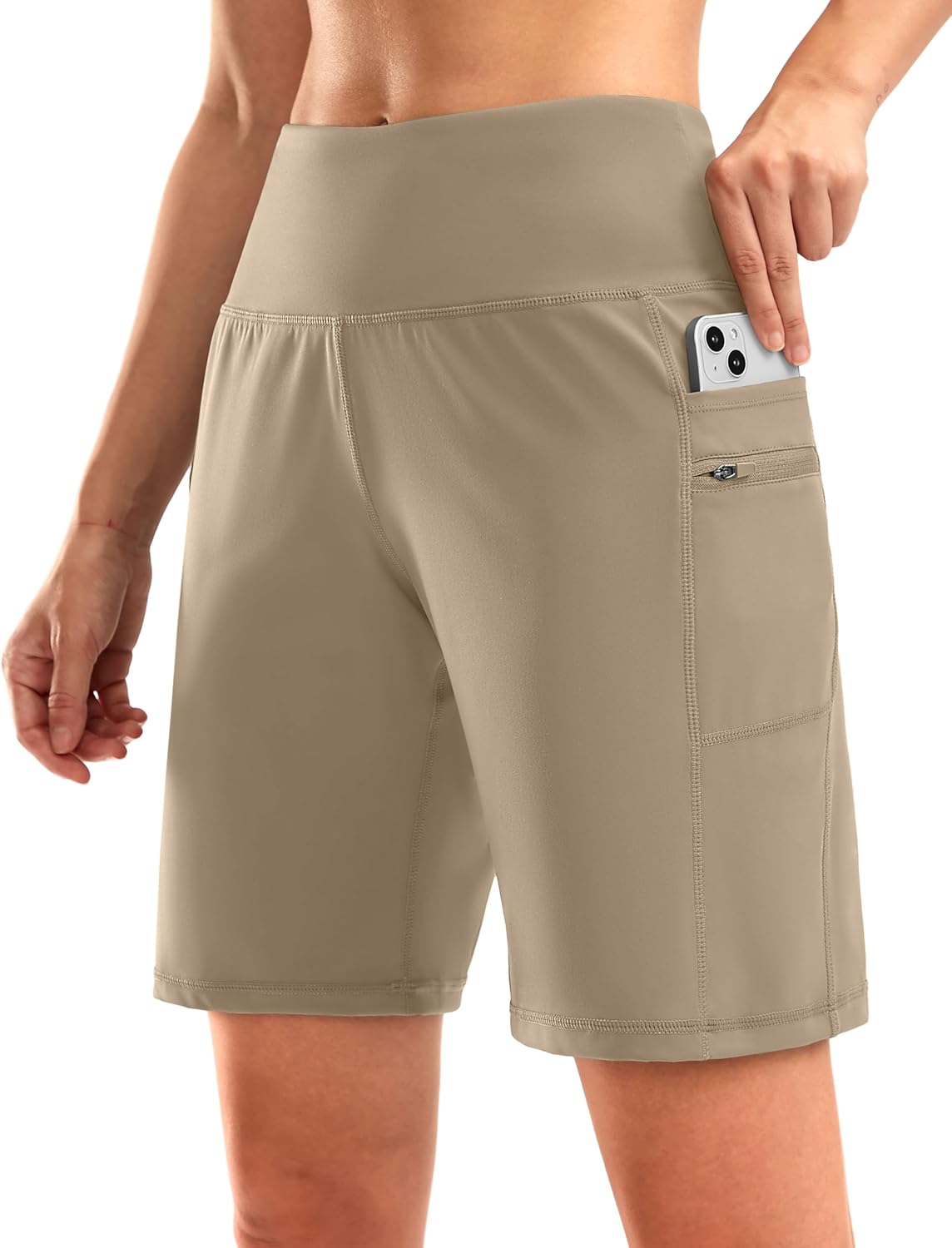 G Gradual Women's High Waisted 9" Bermuda Shorts with Zipper Pockets Athletic Workout Long Shorts for Women Knee Length
