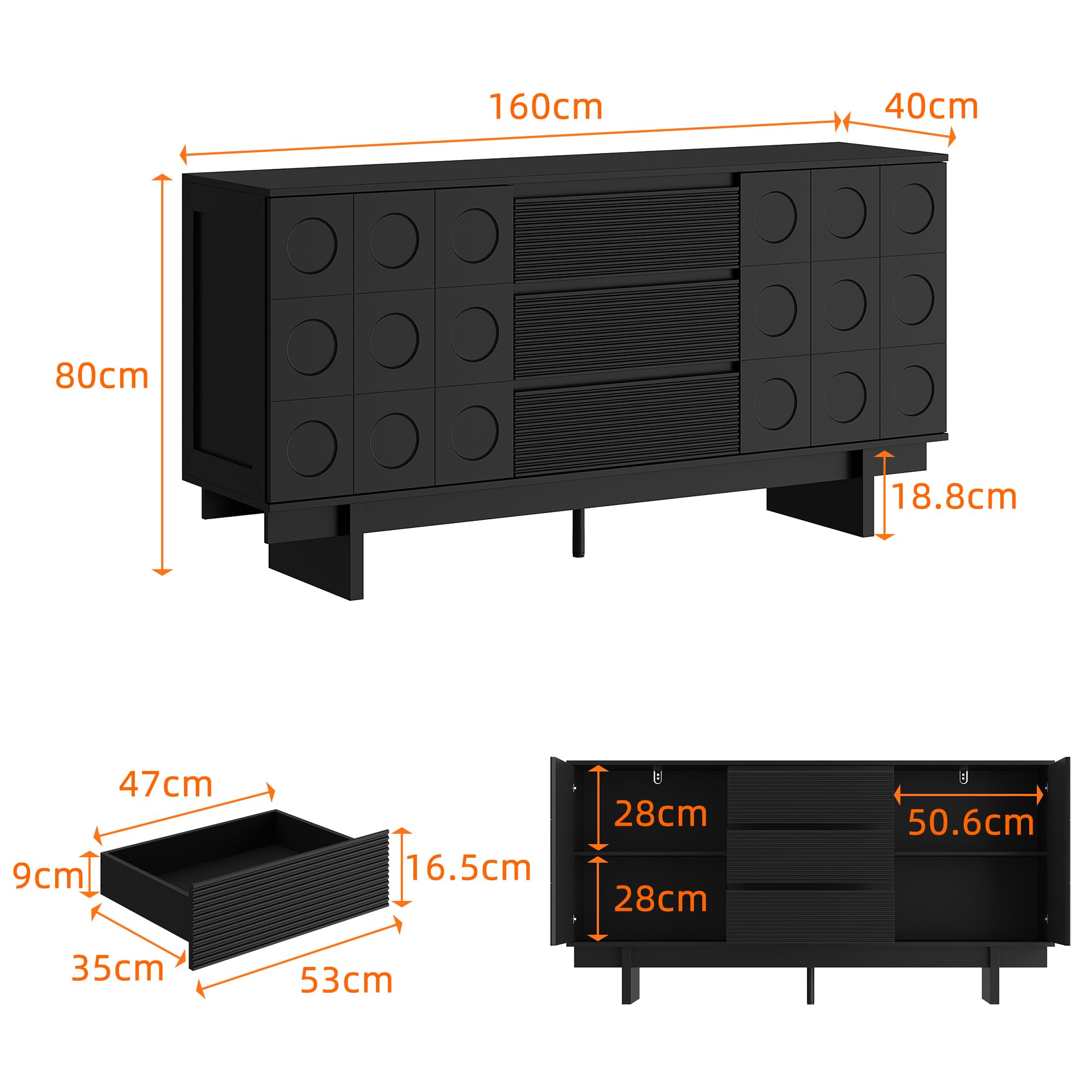 Elegante aparador negro – 160 x 40 x 80 cm – Cómoda con 3 cajones y 2 puertas – Diseño moderno para salón, comedor o pasillo – Elegante espacio de almacenamiento con carácter