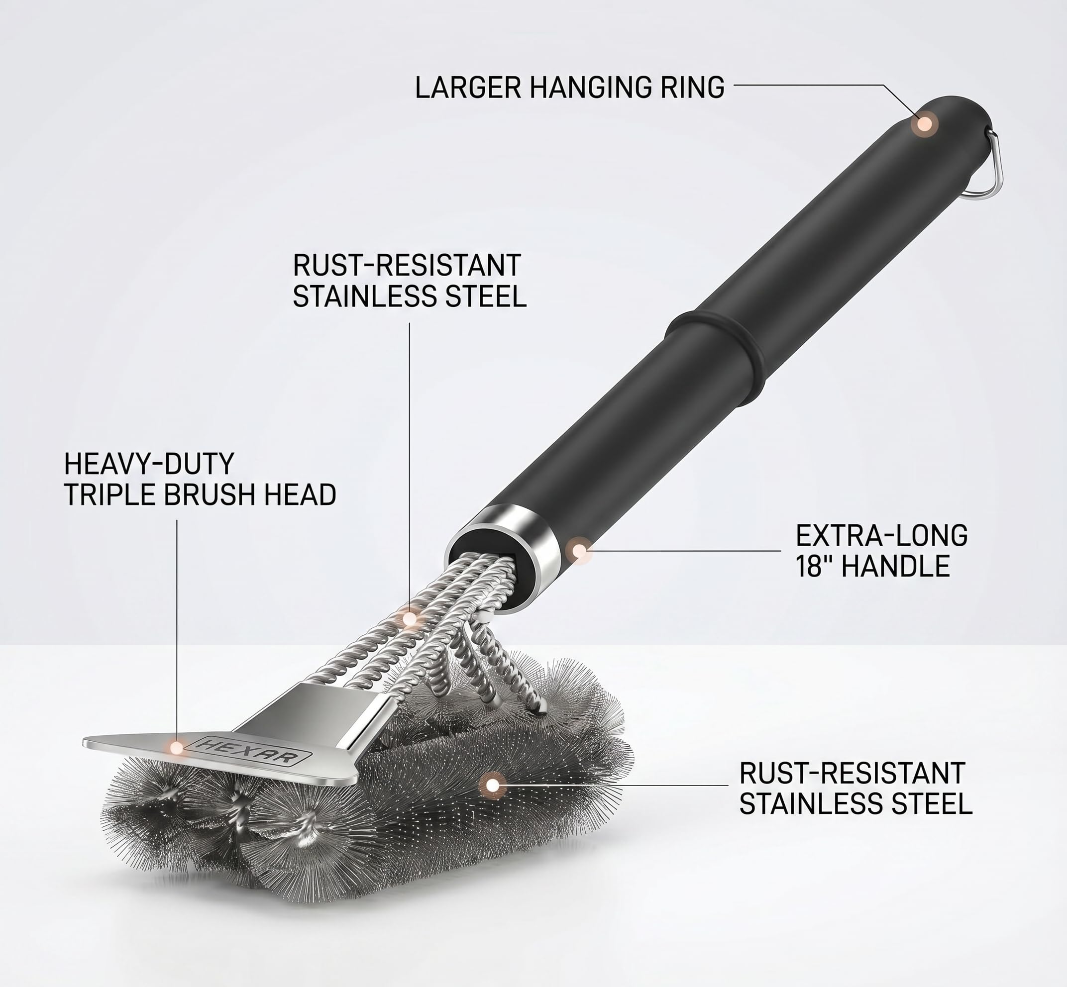 HEXAR Grillbürste, Barbecue Grill Reinigungsbürste Kombination aus Bürste mit Schaber, BBQ Reinigungsbürste mit Edelstahlborsten und extra langem PP-Griff