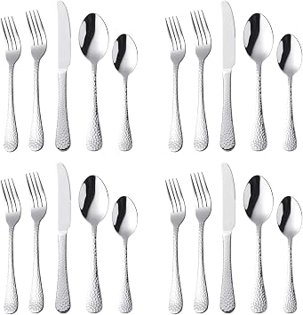 20-Piece Stainless Steel Silverware Set for 4 - Mirror Polished Hammered Flatware Set Includes Forks, Spoons, Knives - Dishwasher Safe for Home, Kitchen & Restaurant