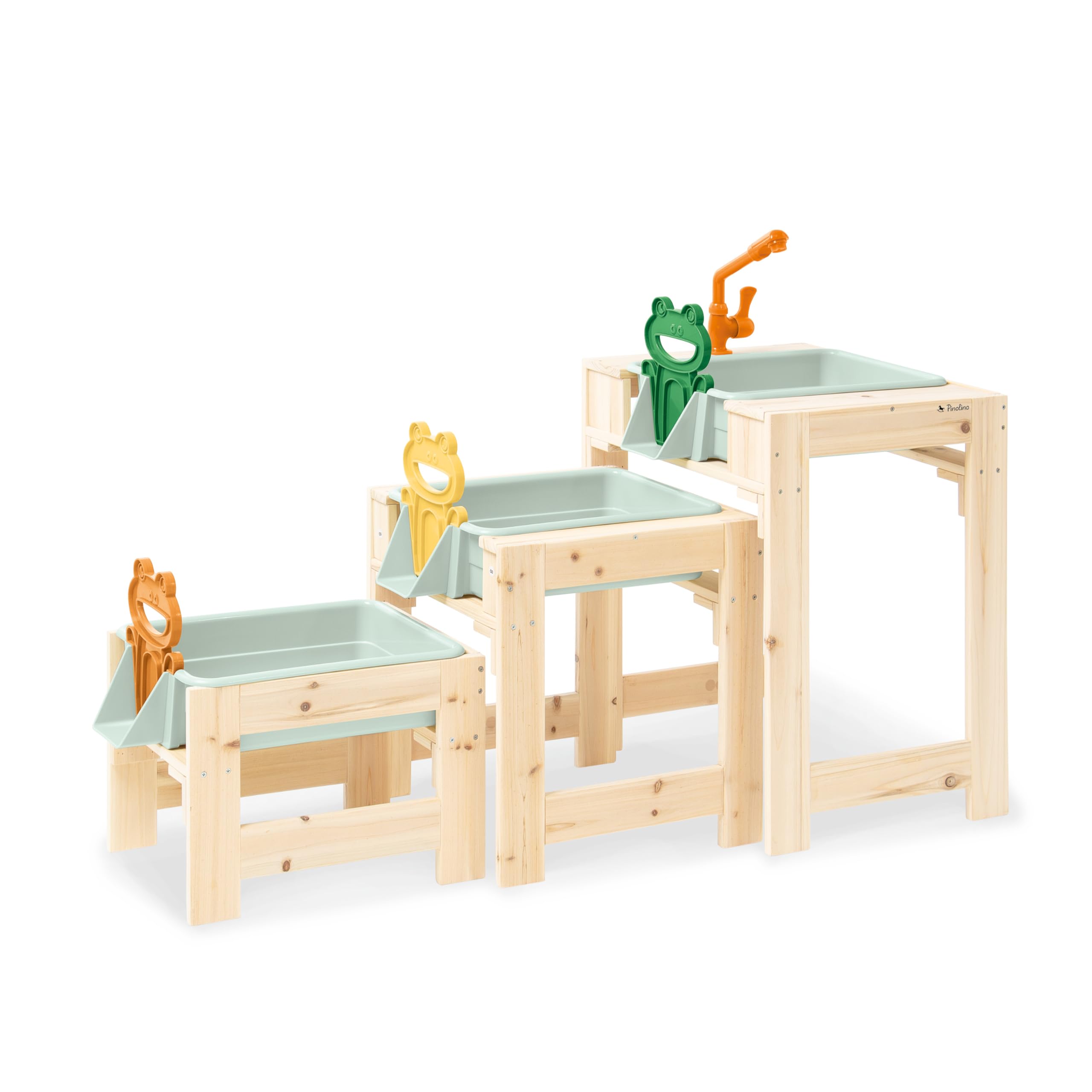 PINOLINO Juego de mesa de juegos de agua Frolino, 3 piezas, juguete acuático para exteriores, juguete de madera para jardín, con grifo y conexión de manguera, 3 mesas de juego con bañeras, a partir de