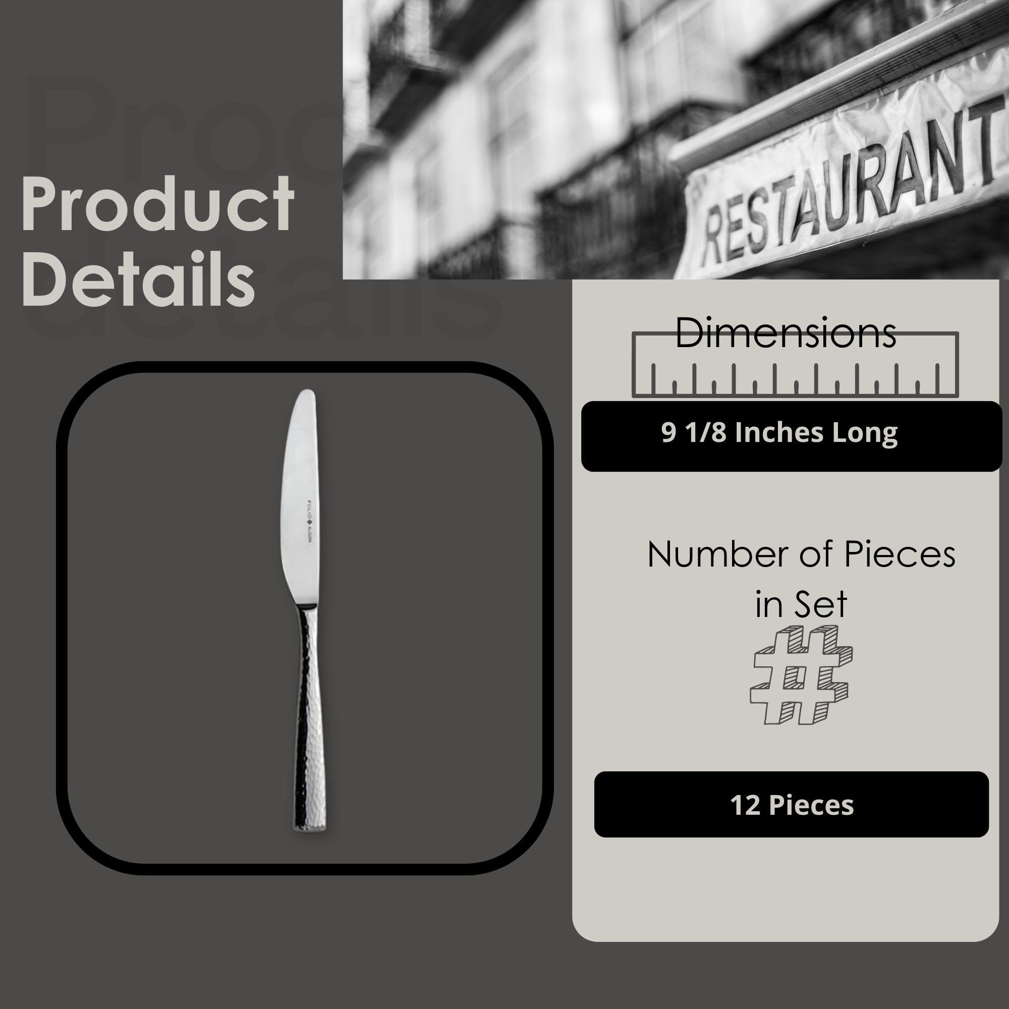 Steelite Stainless Steel Dinner Knives, Folio Alison Satin Hammered Textured Handle, 18/10 SIlver Flatware Utensils, Silverware for Commercial Foodservice Restaurant Use, 9.12