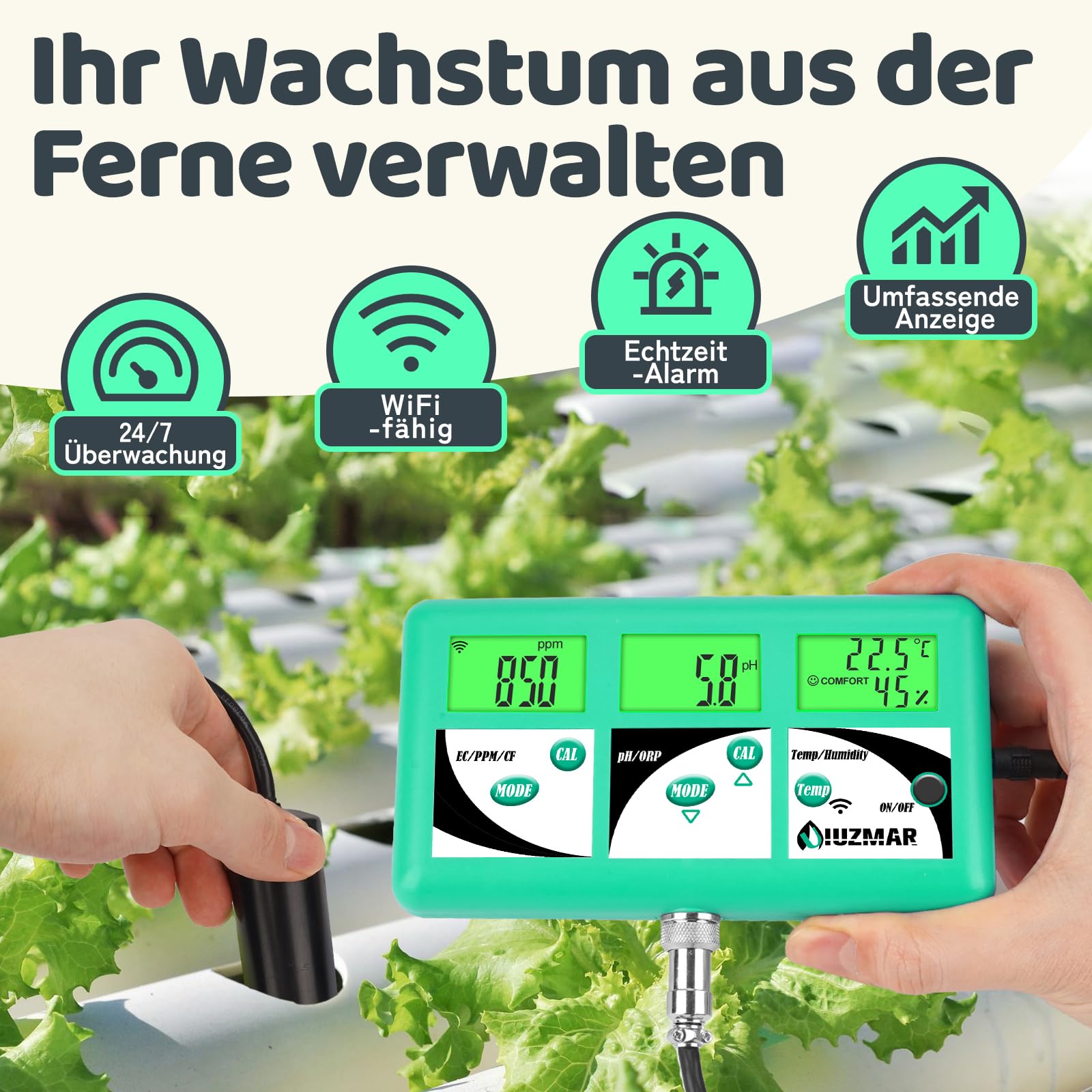 UIUZMAR pH EC TDS Messgerät für Hydrokultur, 7 in 1 pH EC PPM 500 PPM 700 CF Temperatur Luftfeuchte Monitor für Aeroponik, Kontrolle des Leitfähigkeits pH Werts der Hydrokultur Nährlösung