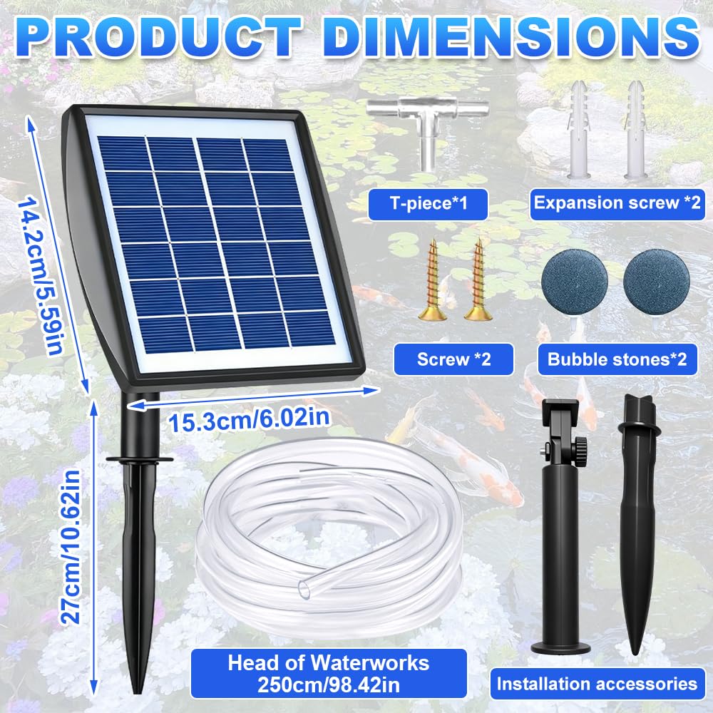 Pompa ad Aria Solare, 2,5W 2200 mAh Ossigenatore Solare, Aeratore Solare per Laghetti con Tubo e 2 Pietre a Bolle d'Aria, Pompa di Ossigeno Per Laghetto Da Pesca Piscina Da Acquario