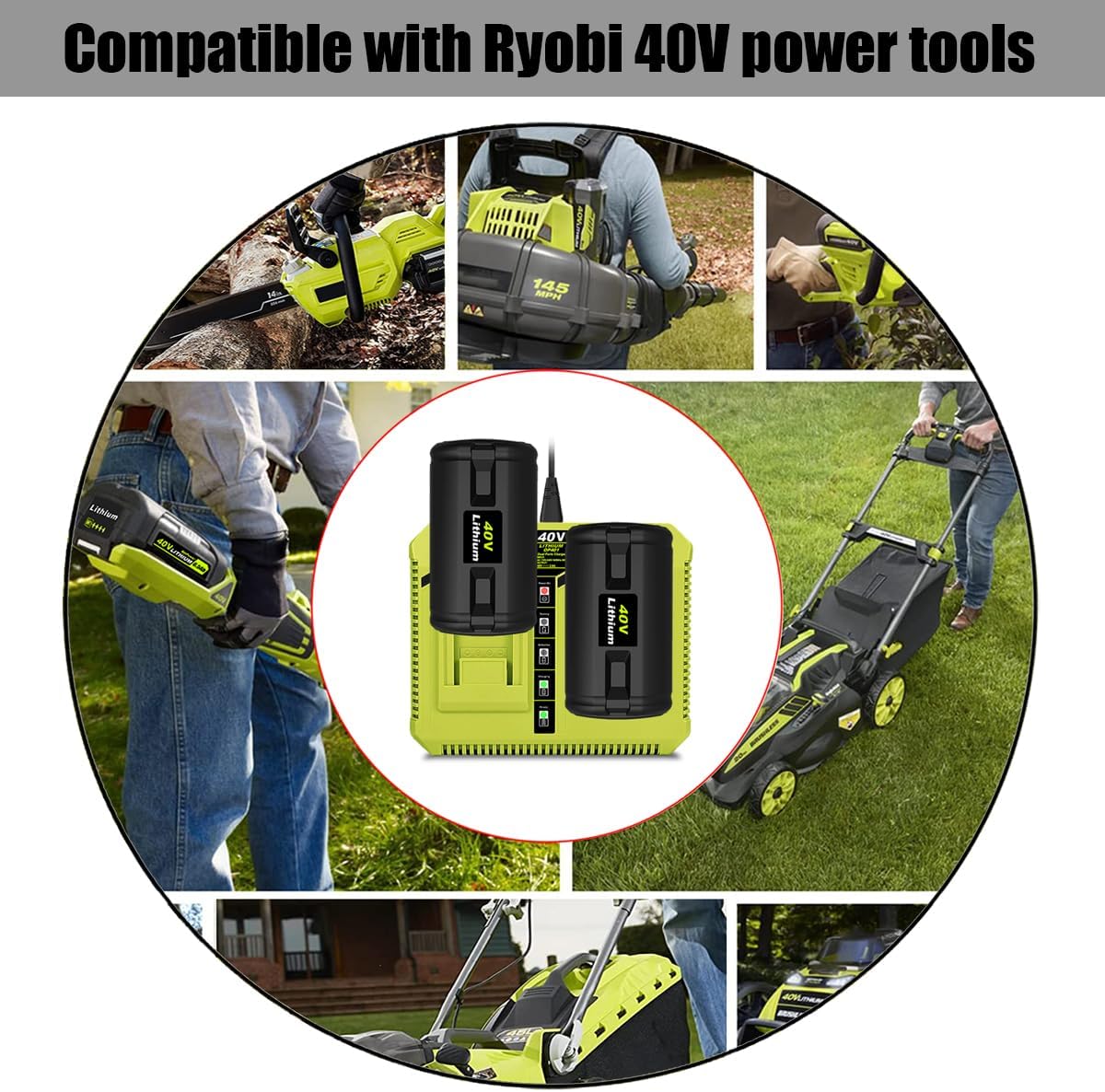 2 Pack 6.5Ah 40V Lithium Ion Battery and Dual Charger for Ryobi 40V 6Ah 5Ah 4Ah 3Ah 2Ah Battery and Charger Combo Kit OP4060A1 OP4050A OP4040 OP401 40V Dual Charger