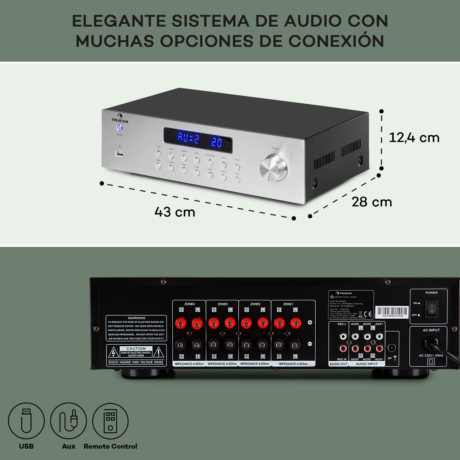 AUNA Amplificador Audio Bluetooth para Equipo de Musica, Amplificador HiFi, AV y Control de Agudos y Bajo, Amplificadores Sonido con Subwoofer, 4 Canales de Audio y Altavoz con Mando a Distancia