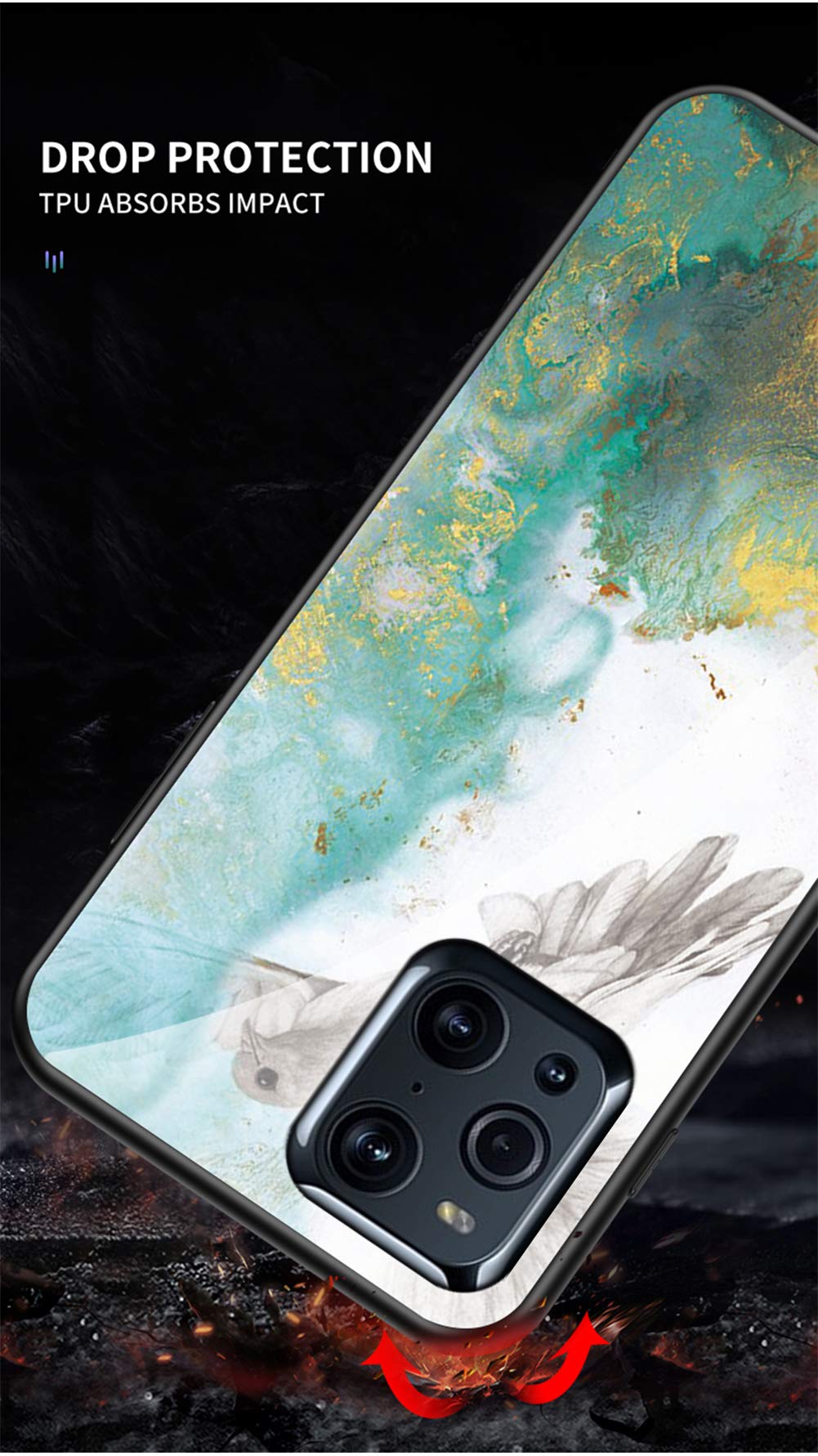 BRAND SET Cover Per Oppo Find X3 Pro In Vetro Temperato Con Design Marmo – Custodia Antiurdo TPU Rossa