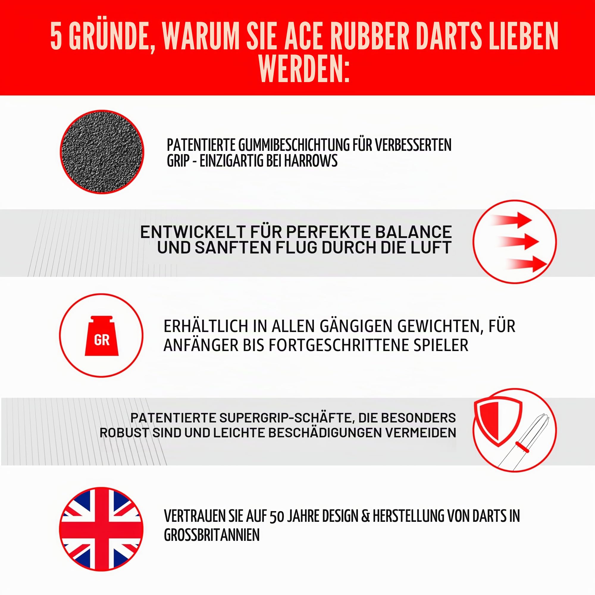 Ace Rubber Black Dartpfeile | Steeldarts-Set mit Tragetasche | 20g, 22g, 24g & 26g | Enthält Supergrip-Schäfte und 100-Mikron-Marathon-Flights