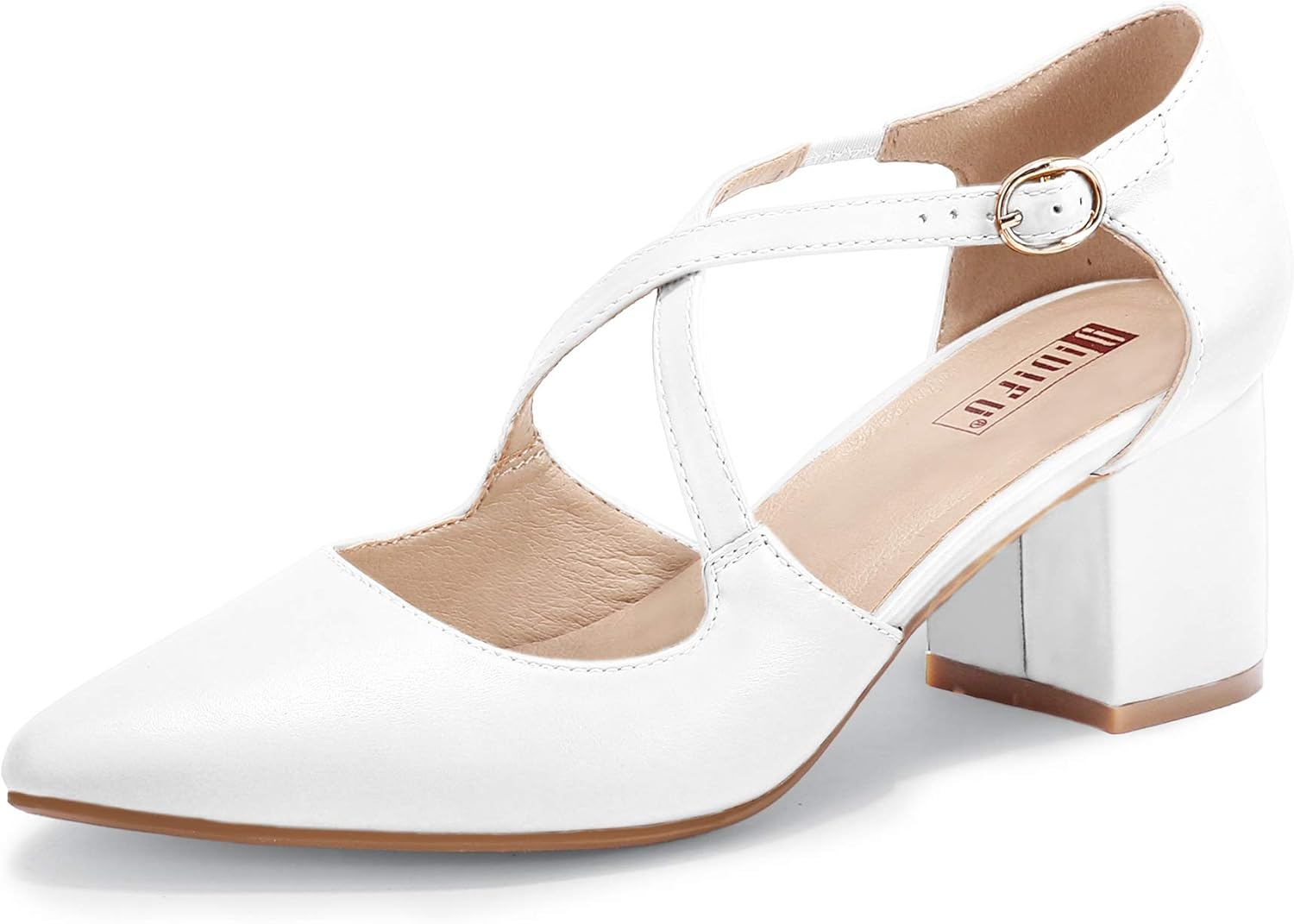 IDIFU Women's Lynn Dress Low Heeled Pumps Closed Pointed Toe Block Chunky Heel Cross Strap Wedding Bridal Party Office Shoes