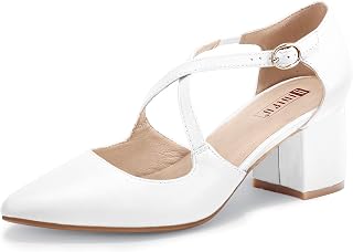 Women's Lynn Dress Low Heeled Pumps Closed Pointed Toe Block Chunky Heel Cross Strap Wedding Bridal Party Office Shoes