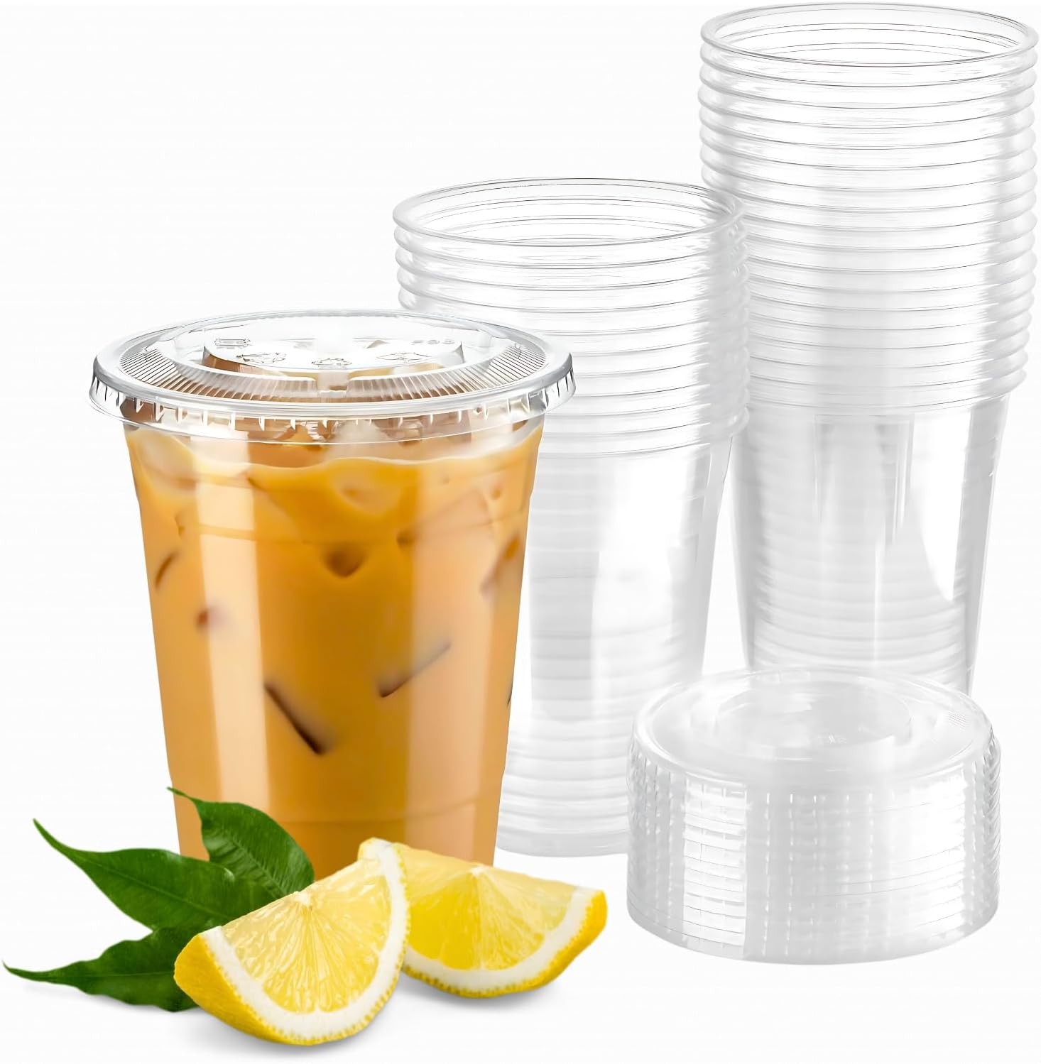 16 oz Clear Plastic Cups with Flat Lids – 50 Pack – Disposable Smoothie, Lemonade & Milkshake Cups – Ideal for Parties, Events & Everyday Use